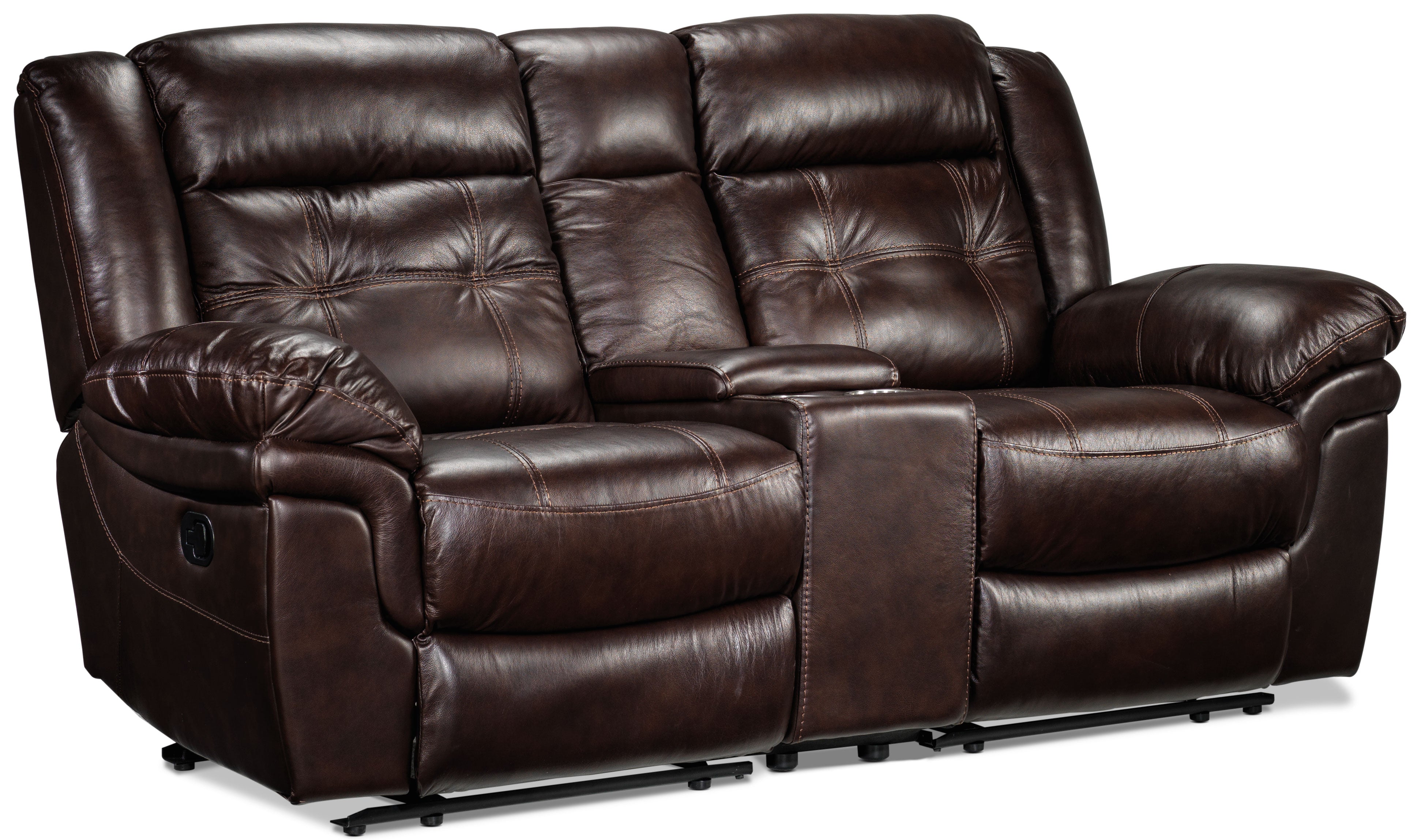 Premium Cooper Leather Reclining Loveseat with Console - Soft Brown Genuine Leather - Modern Living Room Furniture for Small Spaces - Perfect for Couples Movie Nights & Cozy Reading Nook