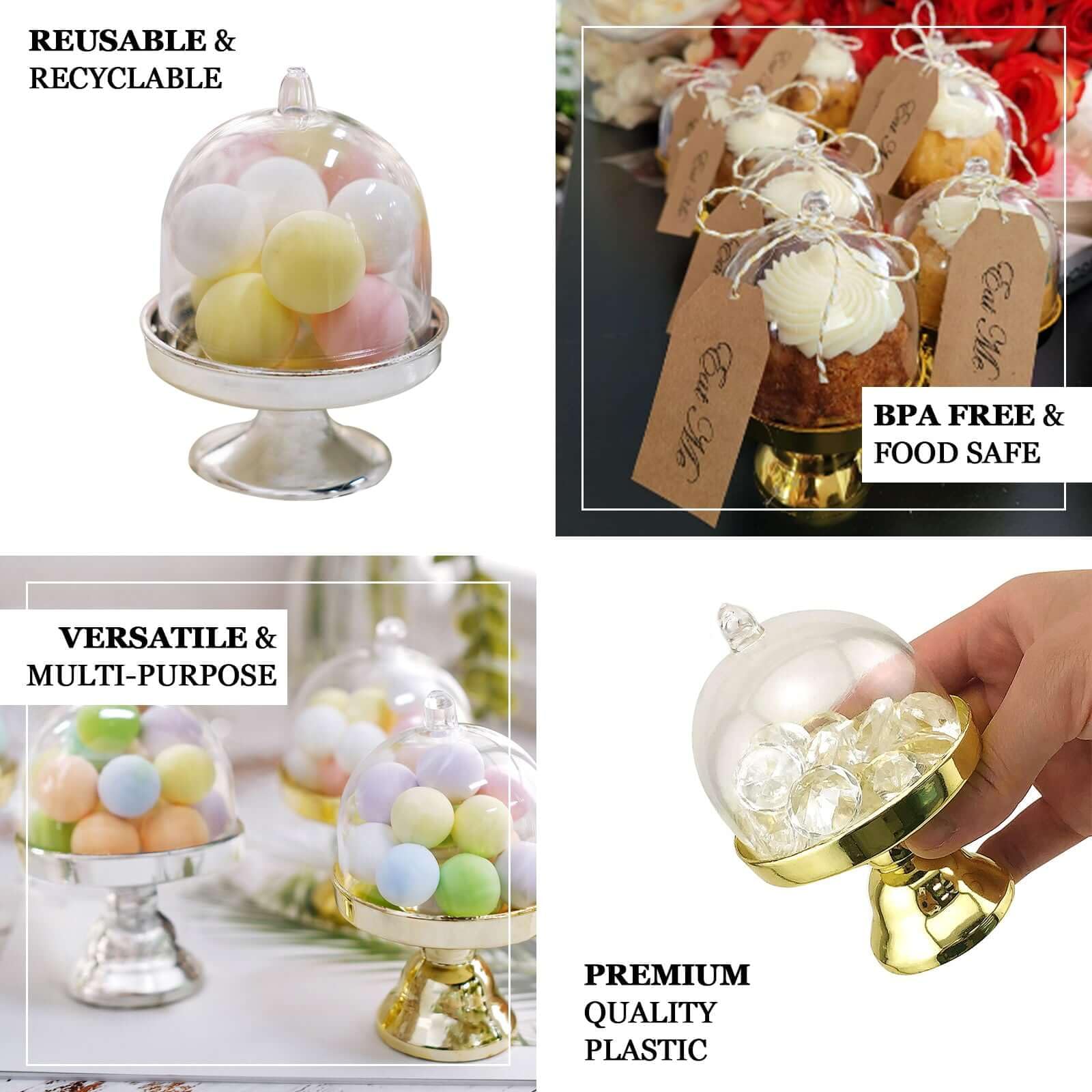 Efavormart 12-Pack 4-Inch Gold Mini Cupcake Stands with Dome - Elegant Candy Display Plates for Wedding, Birthday, Baby Shower Decor - Perfect for Dessert Tables, Candy Buffets, and Party Centerpieces