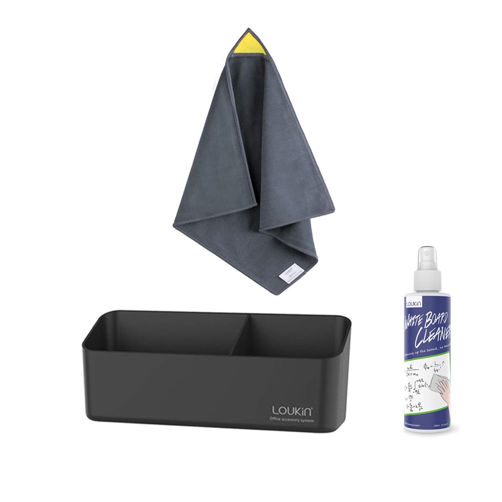 Loukin Whiteboard Accessories Bundle - Magnetic & Adhesive Marker Holder with Whiteboard Cleaning Cloth & Cleaner (3.4 fl oz) - Perfect for Office, Classroom & Home Organization