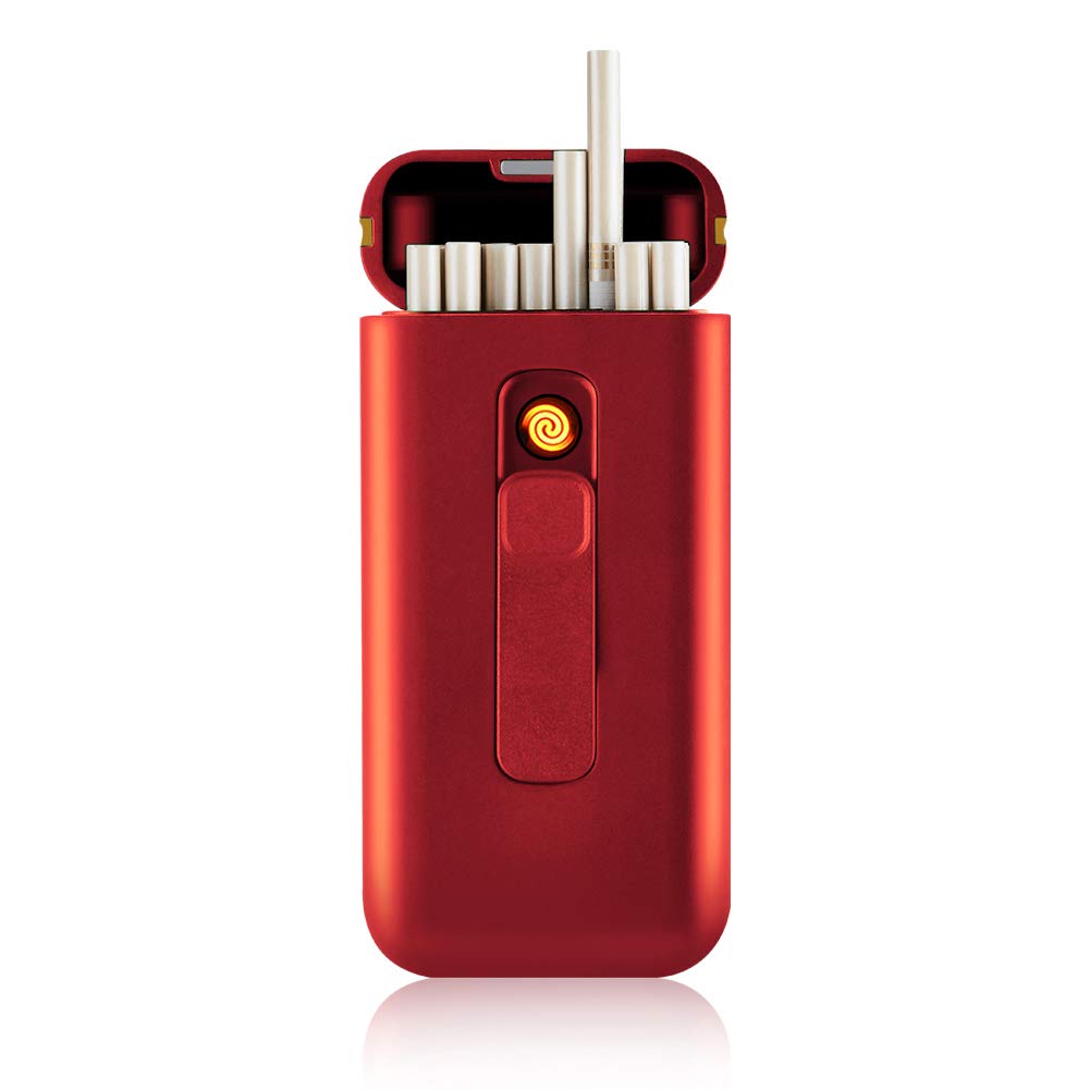 Rechargeable Flameless Windproof Electric Lighter & Cigarette Case Combo - Portable 20-Pack Slim 100s Cigarette Holder with USB Lighter (Red) | Perfect for Travel, Camping, and Outdoor Smoking