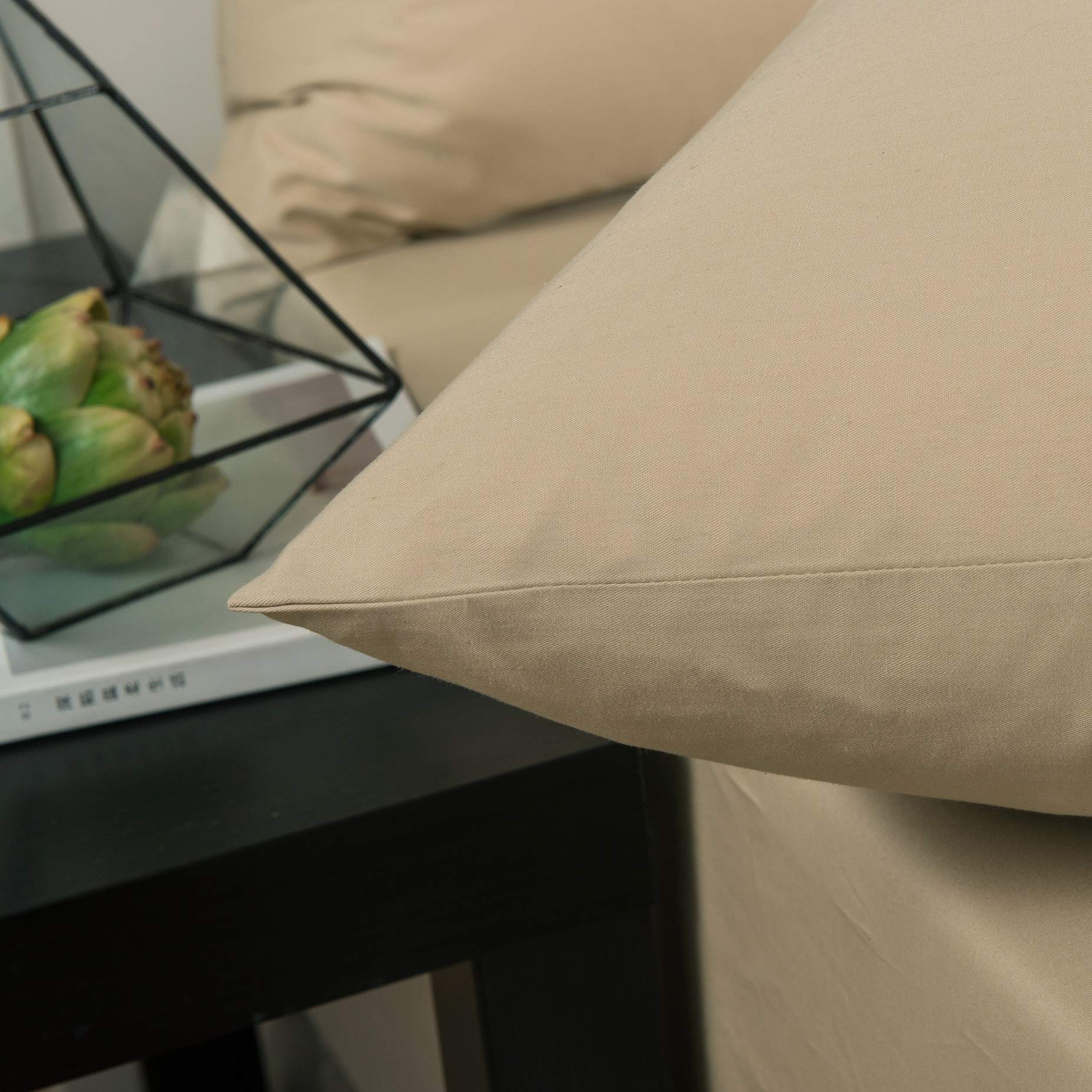 Luxury Soft Cotton Fitted Sheet with Pillow Cases - Neutral Solid Sandy Beige Tan - Full Size 3-Piece Bedding Set for Comfortable Sleep & Home Decor