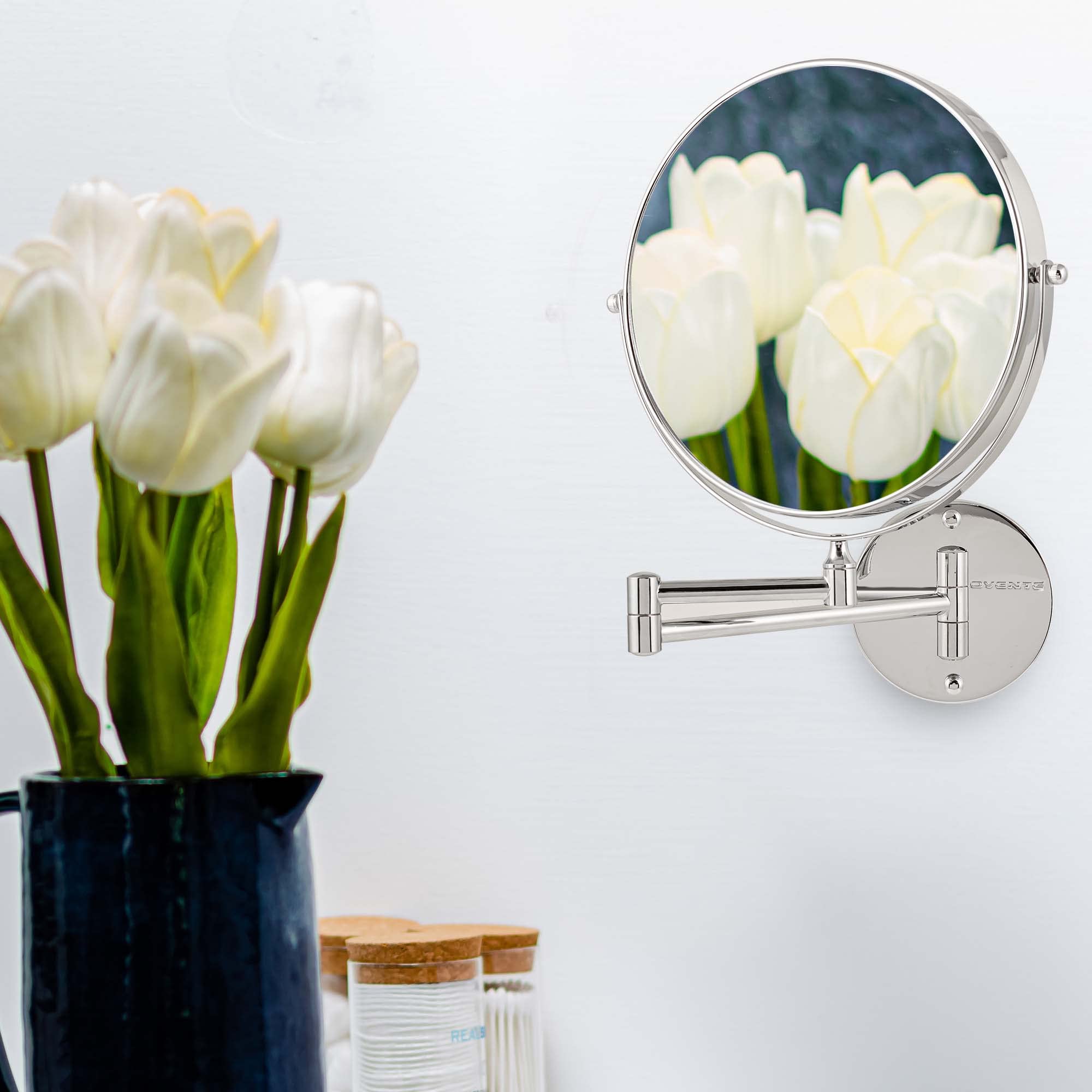 OVENTE 9 Inch Wall Mounted Makeup Mirror with 1X/10X Magnification - Double Sided Round Bathroom Vanity Mirror - 360° Swivel & Extendable Folding Arm - Polished Chrome (MNLFW90CH1X10X) - Perfect for Makeup Application, Shaving & Skincare Routines