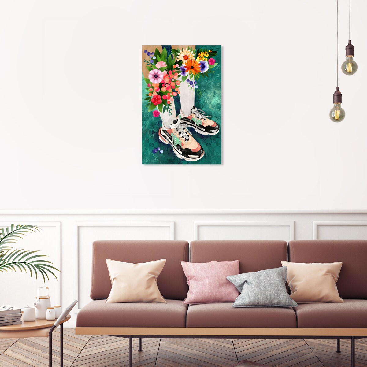 Stylish Floral Sneakers & Socks Set with Modern Green Canvas Wall Art Print - Perfect for Bedroom Decor and Casual Outfits