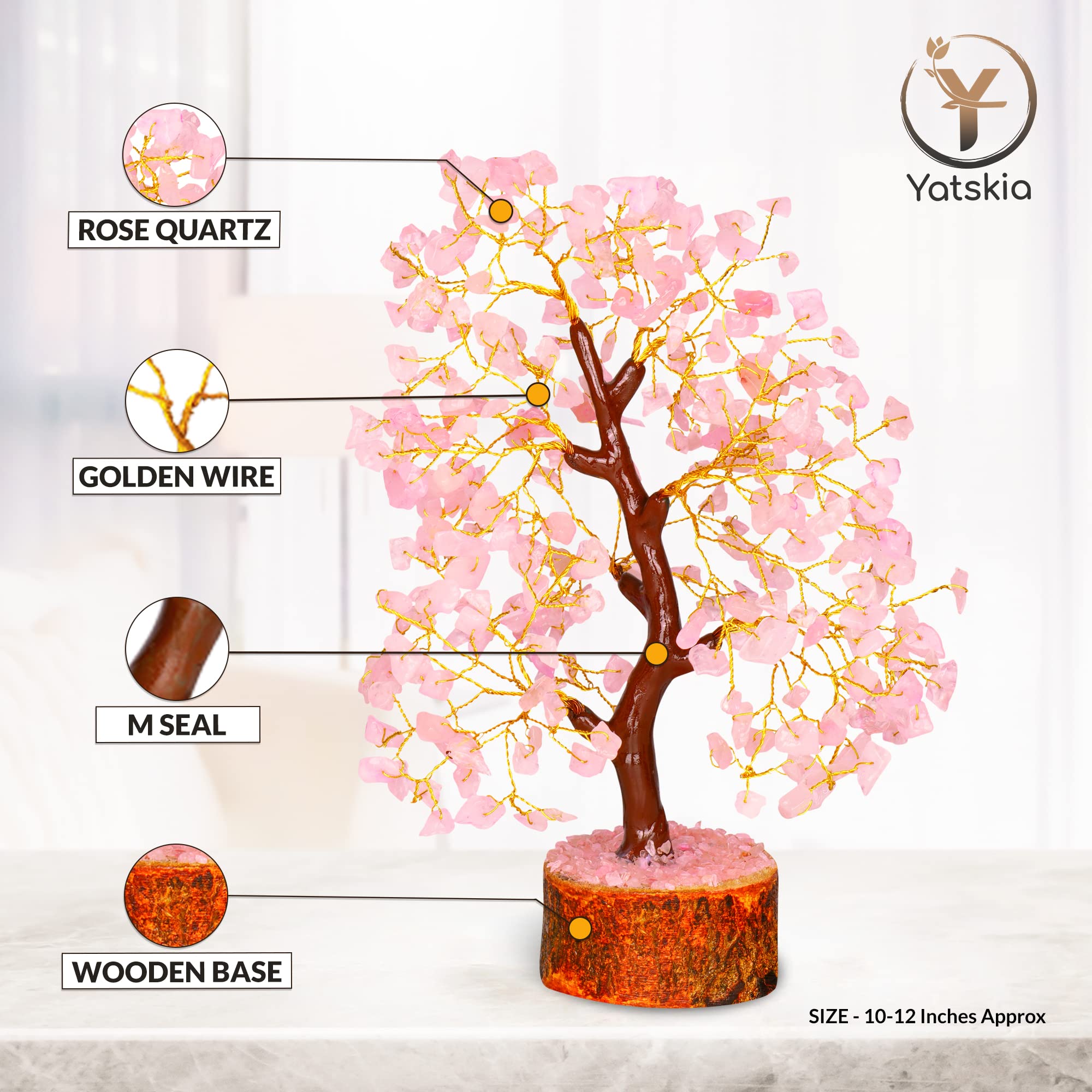 YATSKIA Rose Quartz Tree - Chakra Healing Crystal Tree of Life with Good Luck Stones, Positive Energy Home Decor Gift for Meditation, Feng Shui & Spiritual Healing (6 inch)