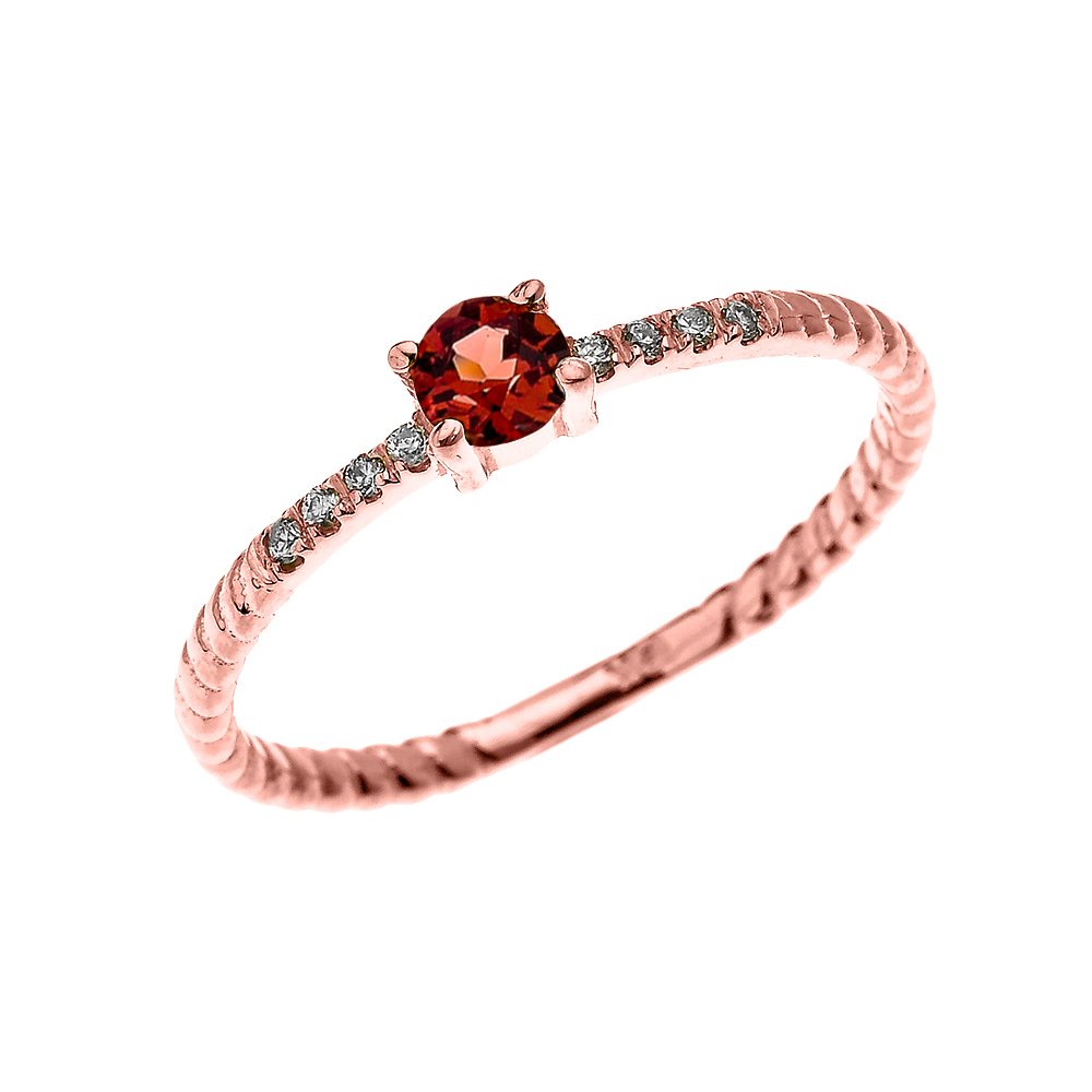 10K Rose Gold Dainty Solitaire Garnet and Diamond Rope Design Engagement Ring, Proposal Ring, Stackable Ring for Women - Perfect for Valentine's Day, Anniversary Gift, Wedding Proposal and Everyday Elegance