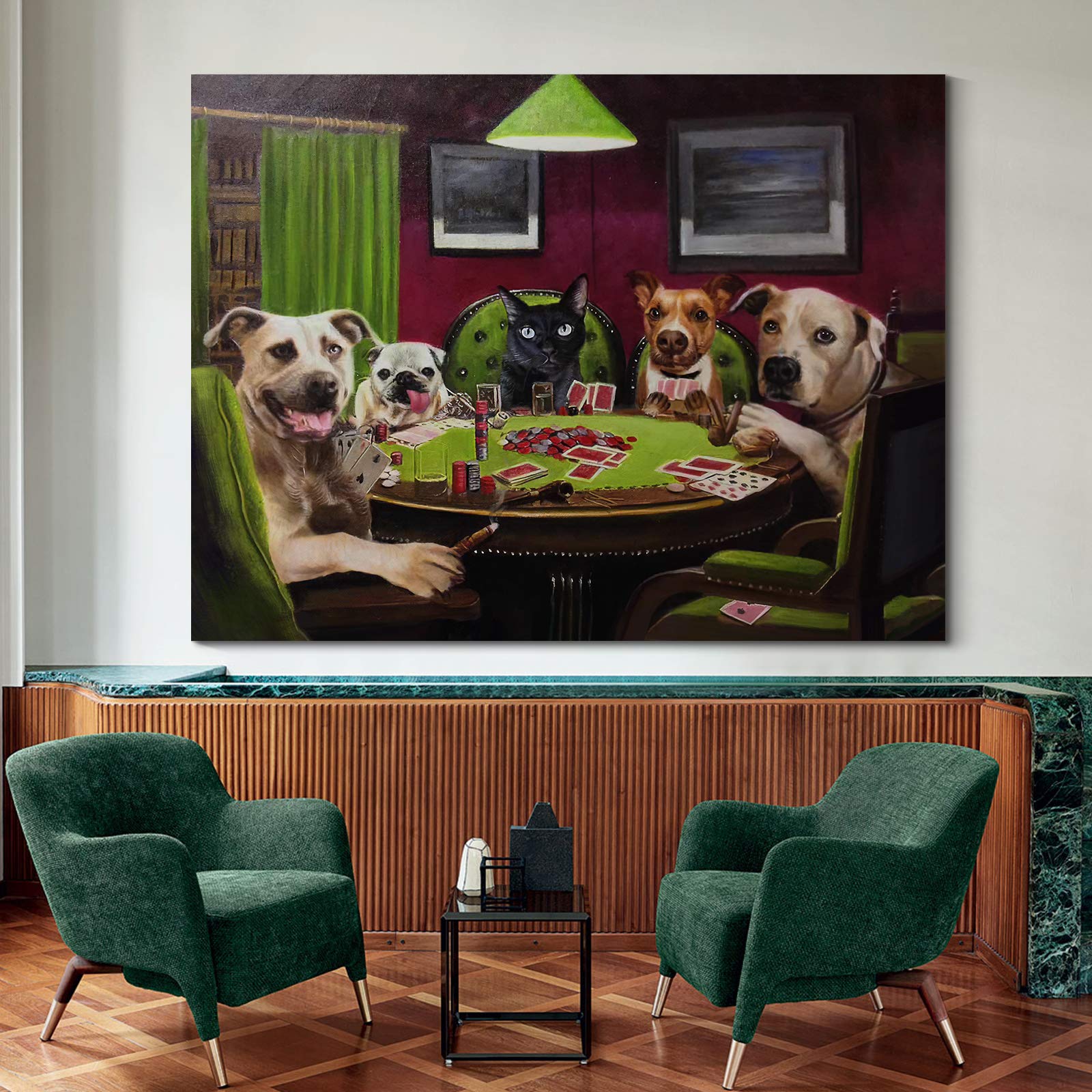 Denozer - Dogs Playing Poker by Cassius Marcellus Coolidge Oil Painting Reproduction - Premium Giclee Canvas Print (48x36 inches) - Ready to Hang Wall Art for Game Rooms, Man Caves & Entertainment Spaces