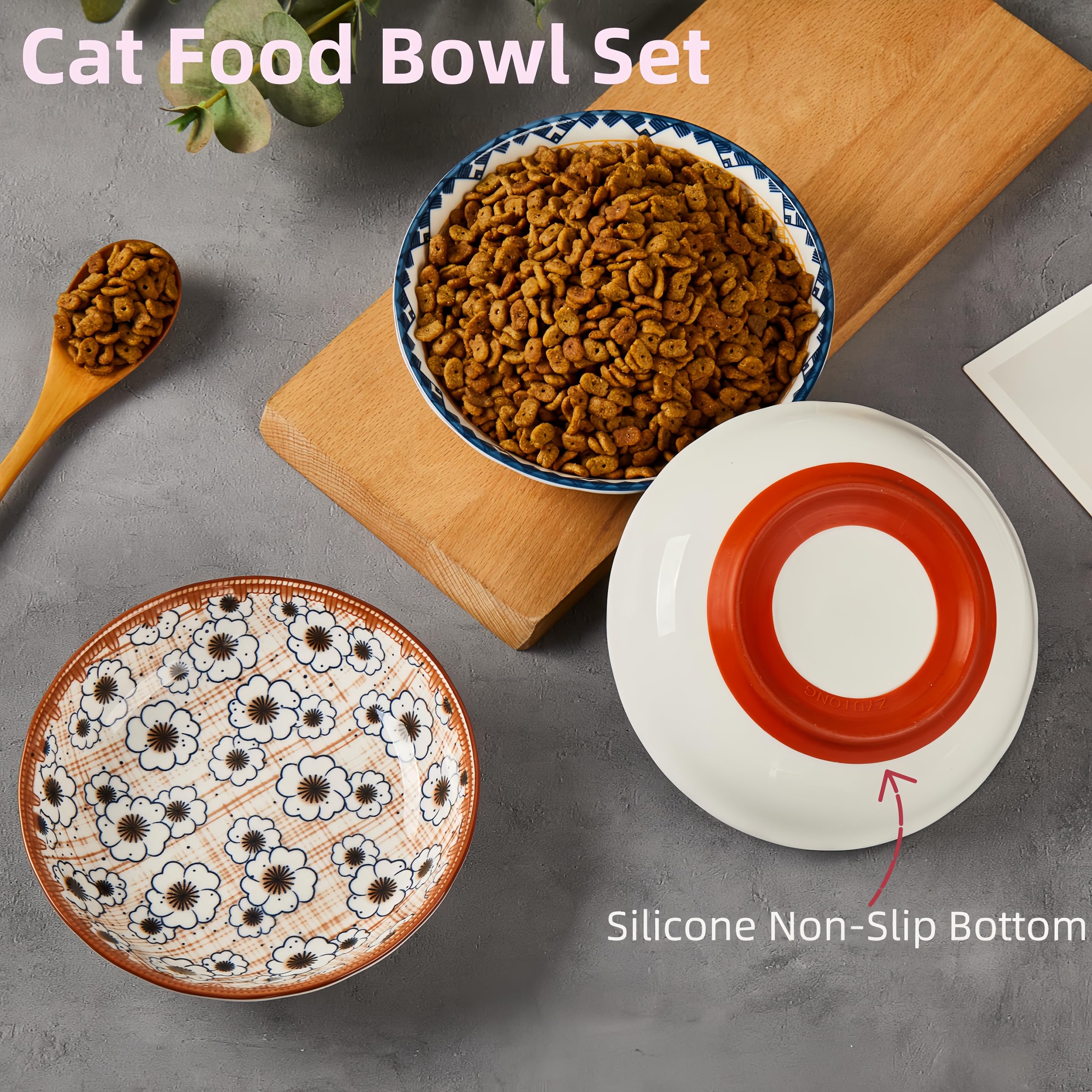 3-Pack Ceramic Cat Food Bowls with Non-Slip Silicone Base - 5.5