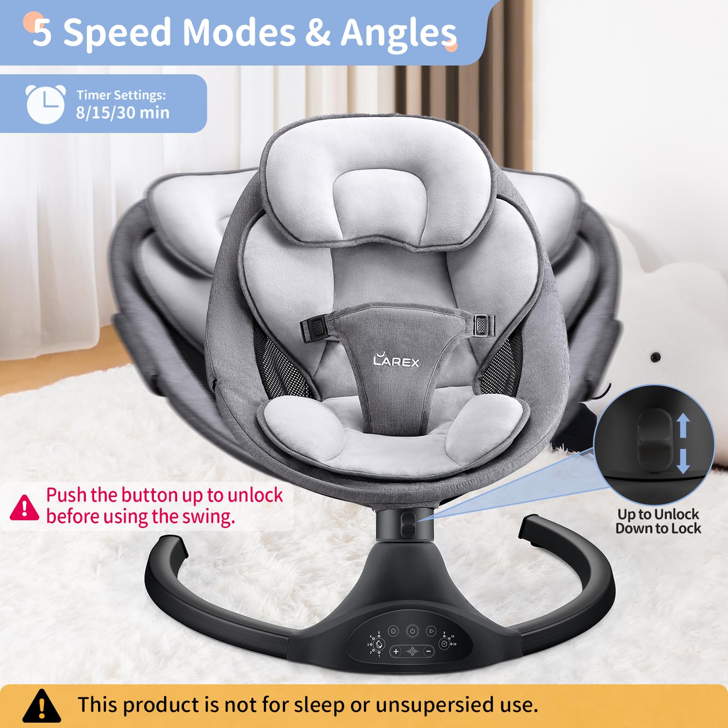 LAREX Baby Swing Electric Rocker for Newborns 0-6 Months - Portable Infant Swing with 5 Speed Settings, Remote Control & Bluetooth - 10 Soothing Melodies for Baby Boy & Girl (Max 20 lbs, Black) - Perfect for Nursery, Bedroom or Travel