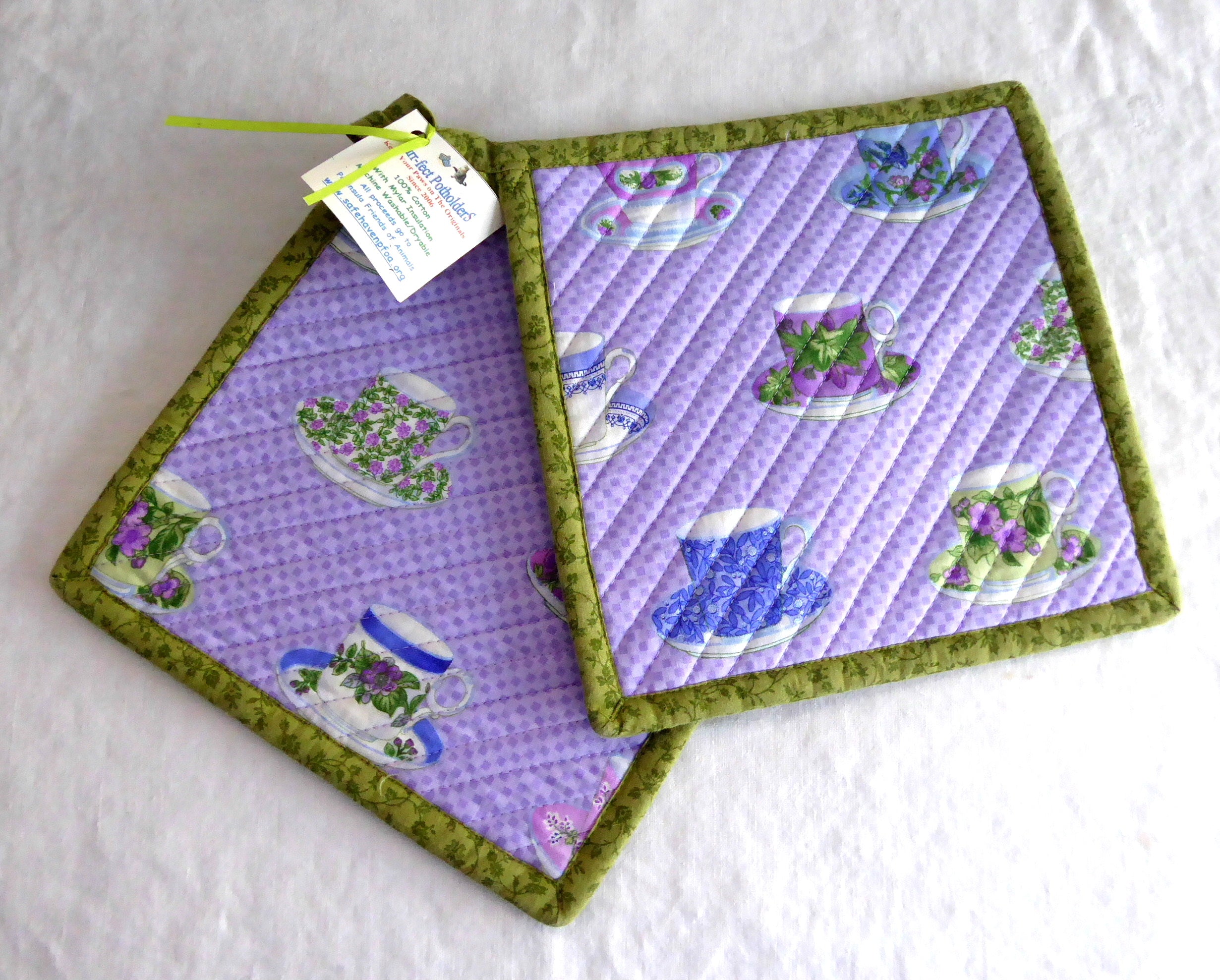 Handmade Purple Teacup Design Potholders with Green Trim - Heat Resistant Kitchen Accessories (Pair) - Supports Animal Charity | Perfect for Baking, Cooking, and Home Decor