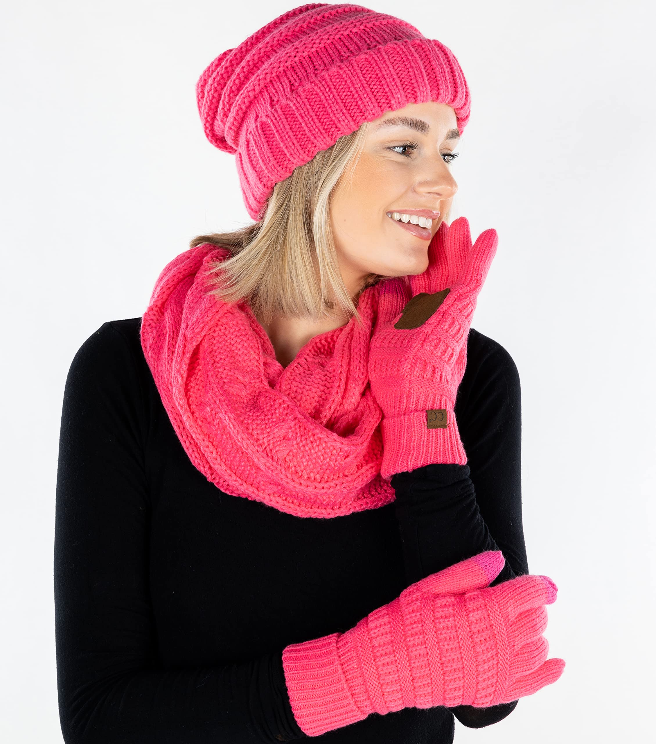Funky Junque Oversized Beanie, Gloves & Scarf Set in Candy Pink - Winter Knit Hat, Warm Scarf & Cozy Gloves Bundle for Women - Perfect for Snowboarding, Skiing & Cold Weather Fashion