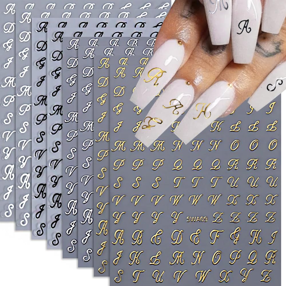 3D Old English Letter Nail Stickers - 8 Sheets Gold Silver Black White Retro Nail Decals for Women & Girls Manicure
