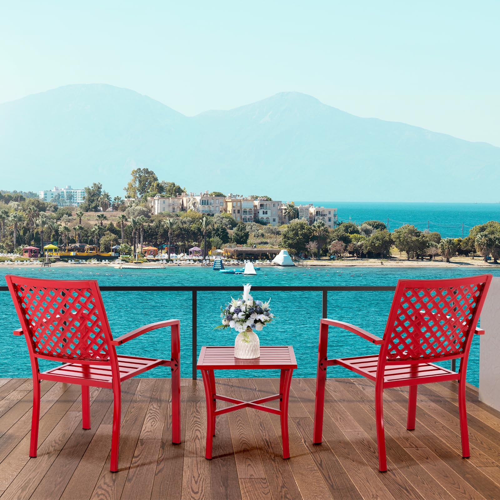 3-Piece Outdoor Patio Dining Set - Durable Cast Iron Table & 2 Stackable Chairs, Square Slatted Design for Balcony, Porch, Garden, Backyard - Perfect for Al Fresco Dining, BBQs & Outdoor Entertaining (Red)