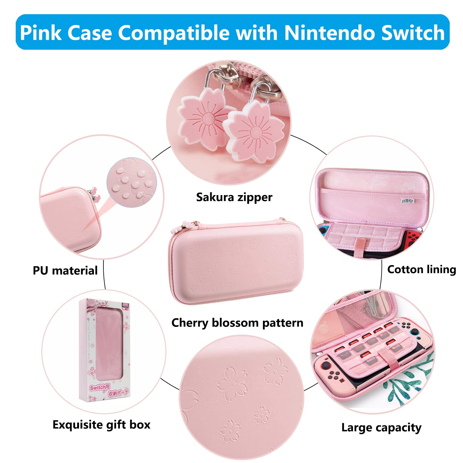 Pink Travel Carrying Case Accessories Kit for Nintendo Switch - 10-in-1 Essential Protection Set with Hard Cover, Tempered Glass Screen Protector, Adjustable Stand & Thumb Grip Caps | Perfect for Gaming On-The-Go, Travel & Daily Protection
