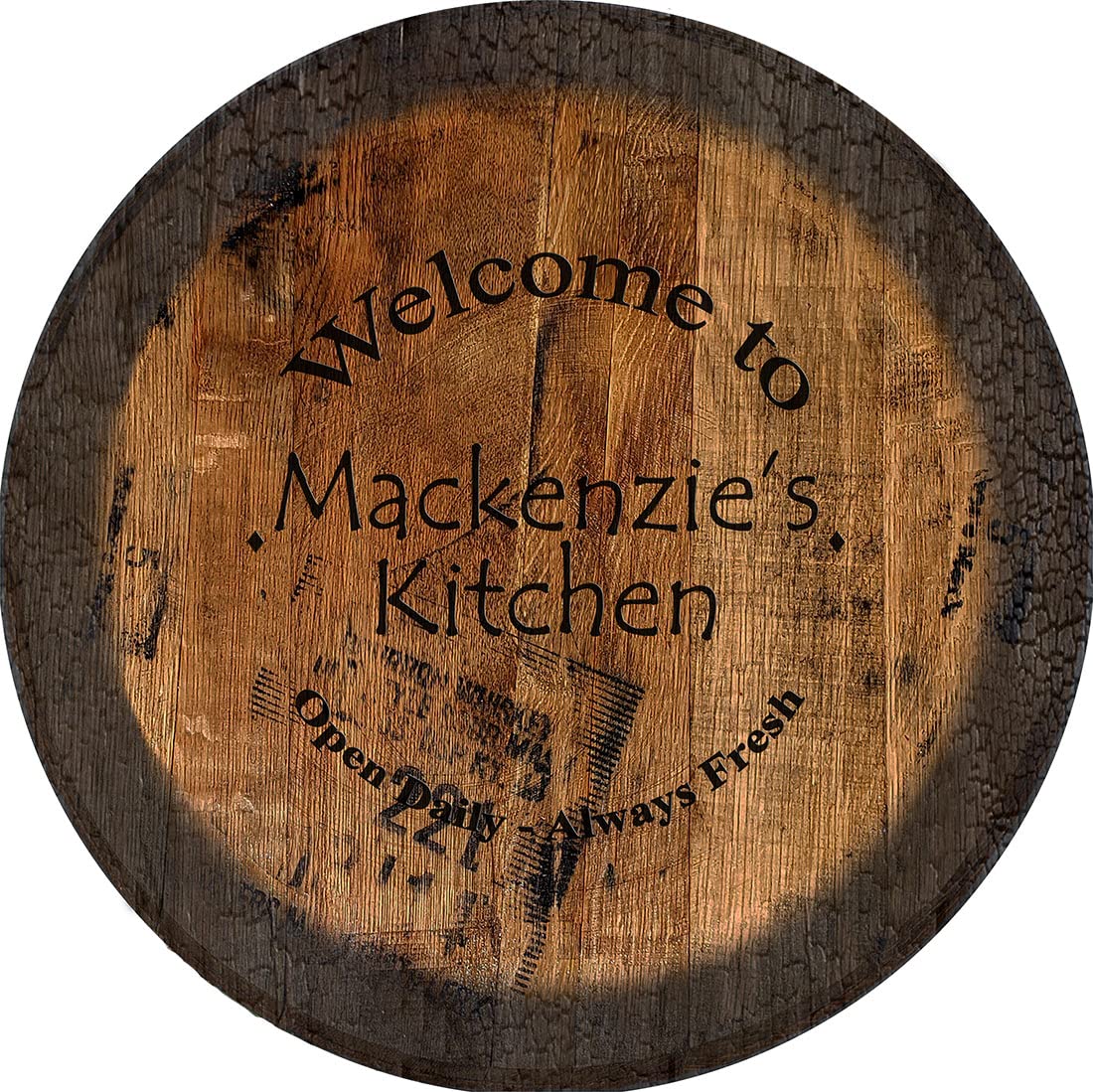 PS Prints Open Daily Always Fresh Kitchen Sign - Large Oak Whiskey Barrel Lid Wall Decor for Rustic Farmhouse & Bar Decor