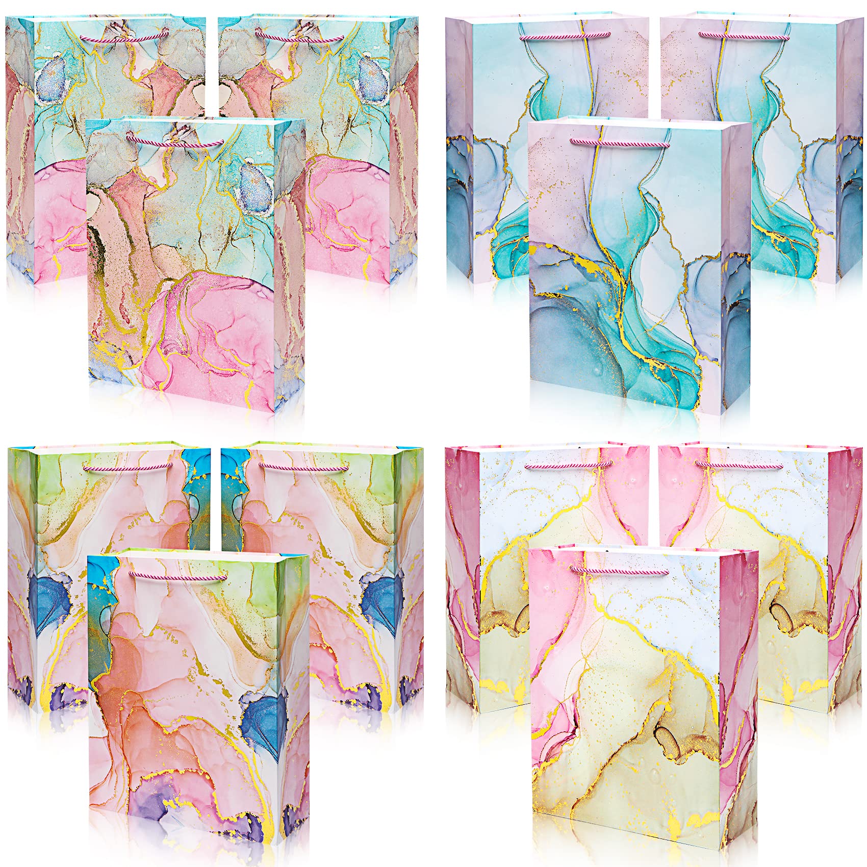 12-Pack Medium Marble Foil Gift Bags (12.6 Inch) - 4 Assorted Elegant Designs for Christmas, Weddings, Birthday Parties & Special Occasions | Premium Bulk Party Favor Bags for Gifts, Favors & Celebrations