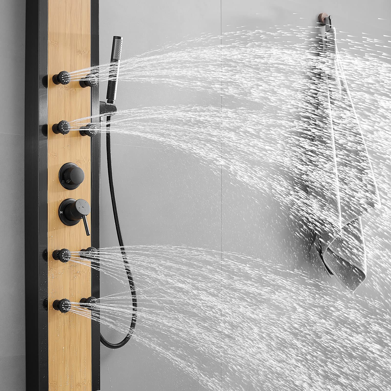 BWE 8-Jet Multifunction Shower Panel System - Black Stainless Steel & Bamboo Wood Massage Panel with Handheld Shower Wand - Wall Mount Shower Column for Spa-Like Relaxation in Bathroom