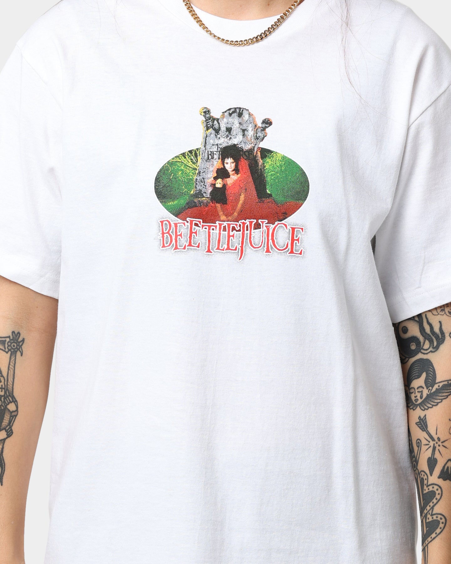 American Thrift X Beetlejuice Lydia Graphic T-Shirt - White Cotton Tee for Movie Fans & Halloween Costumes