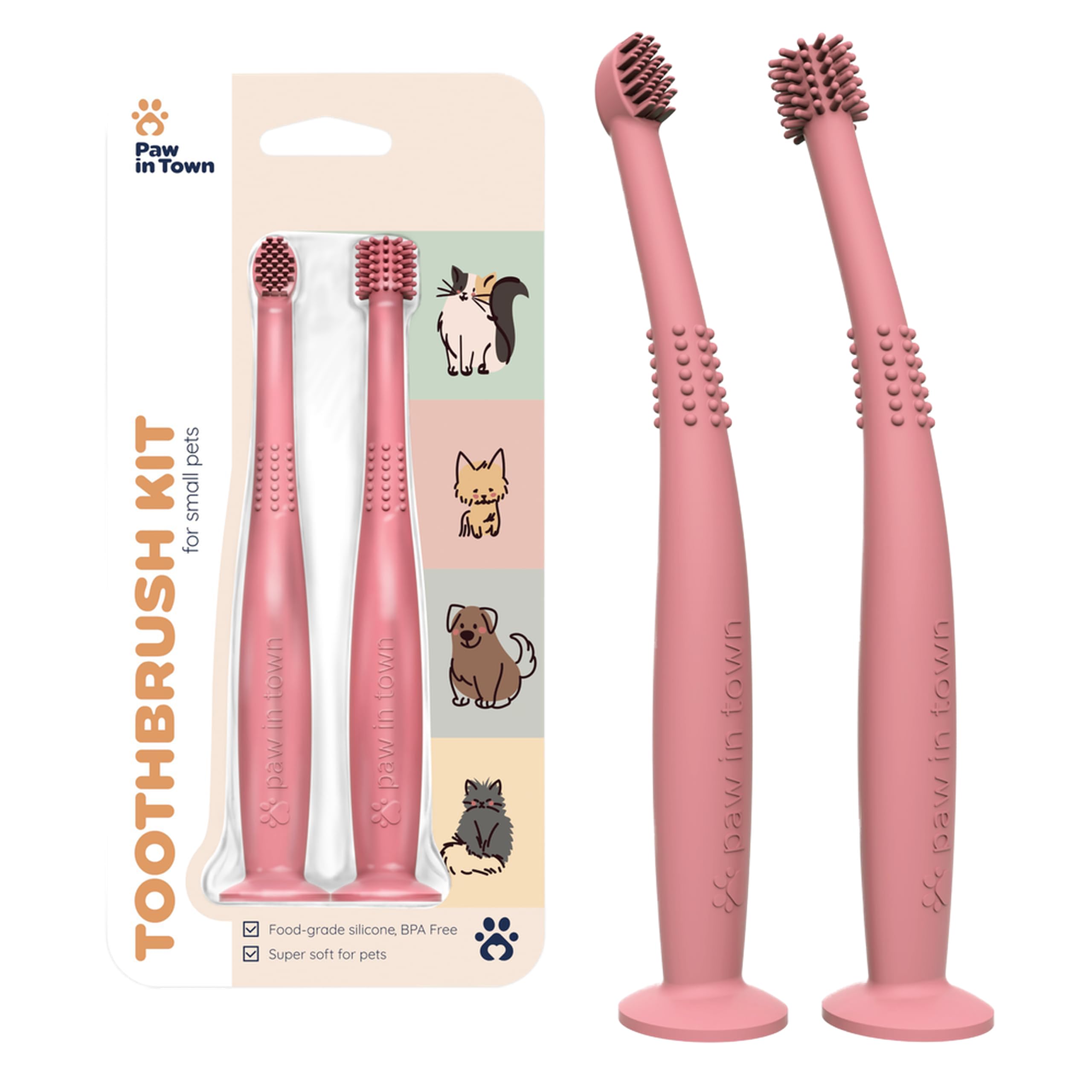PAWINTOWN Soft Cat & Dog Toothbrush Set – Food Grade Silicone Pet Dental Care Kit for Teeth Cleaning – Gentle Brushing for Cats & Small Dogs – Perfect for Daily Oral Hygiene & Fresh Breath (Blushing Flamingo)