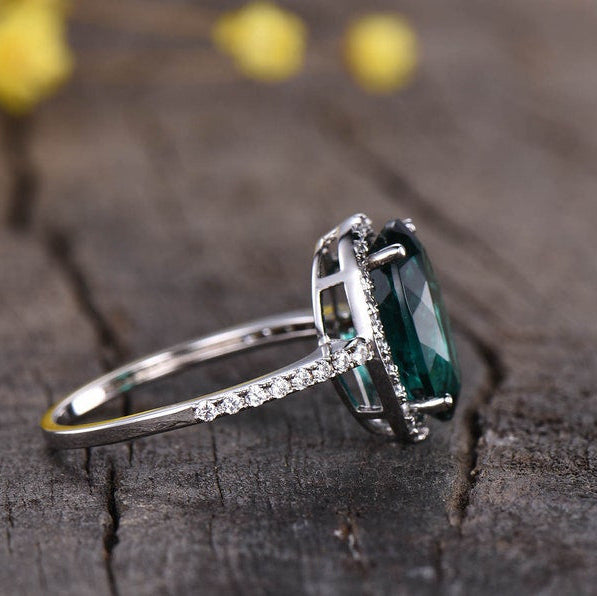 Vintage Emerald and Diamond Halo Wedding Ring - 8x11mm Oval Cut Emerald with Half Eternity Diamond Band in 14K White Gold - Perfect for Engagement, Anniversary, and Bridal Jewelry Gifts