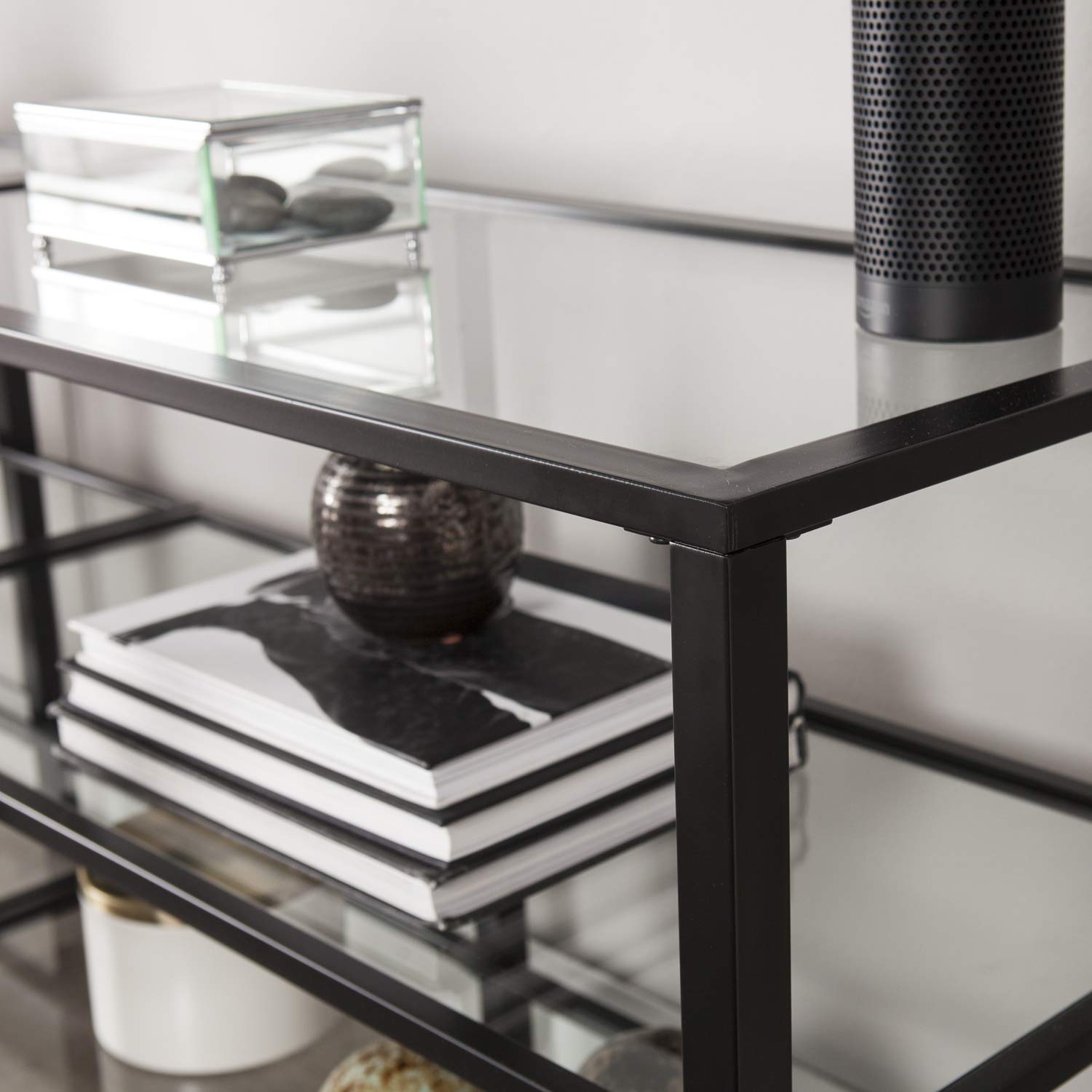 SEI Furniture Tyler Metal and Glass TV Stand - Transitional Style TV Console - Black Finish for Living Room, Bedroom, or Home Theater Setup