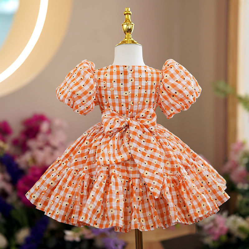 Orange Polyester Princess Flower Girl Dress with Puff Sleeves - Perfect for Weddings, Birthday Parties & Special Occasions