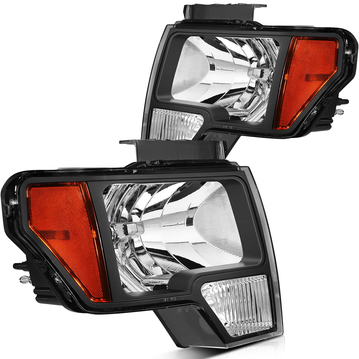 ECCPP Replacement Headlight Assembly Pair for Ford F-150 2009-2014 - Black Housing with Amber Reflector & Clear Lens - Driver & Passenger Side - Perfect for Night Driving & Off-Road Adventures