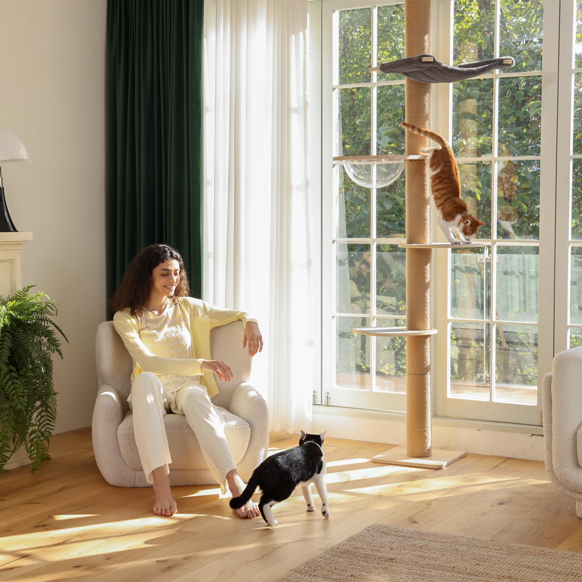 Premium 6-Level Adjustable Cat Tree Tower (5.7-9.8 ft) - Floor to Ceiling Climbing Structure with Thick Scratching Posts, Transparent Capsule & Plush Hammock - Perfect for Indoor Cat Play, Exercise & Relaxation in Apartments/Homes