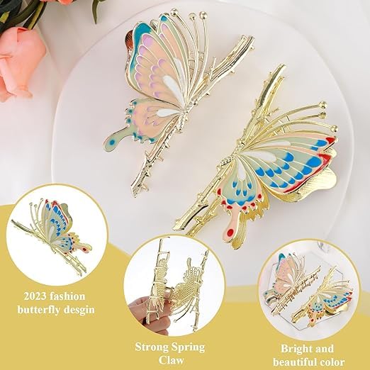 Sparkly Butterfly Hair Claw Clips - Large Non-Slip Metal Hair Clips for Women, Strong Hold Hair Accessories for Thick Hair, Cute Hair Clips for Girls, Perfect Hair Gifts for Her (Great for Parties, Weddings, Daily Styling)