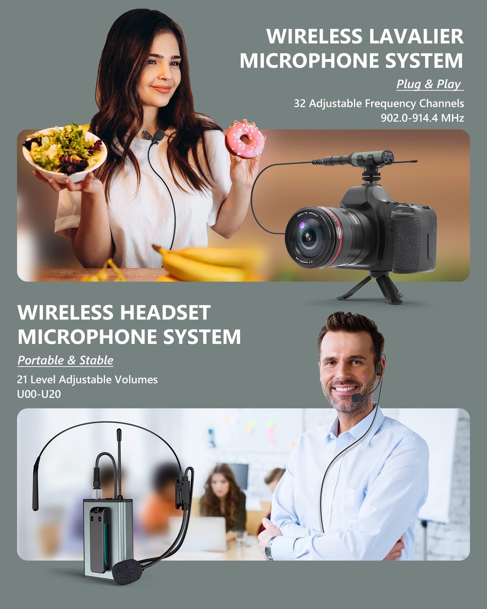 TTSTAR Wireless Microphone System - Rechargeable Headset/Lavalier Mic with Bodypack Transmitter & Receiver for PA Speakers, Cameras, Recording, Teaching, Church - Perfect for Live Performances, Public Speaking, Podcasting & Video Production