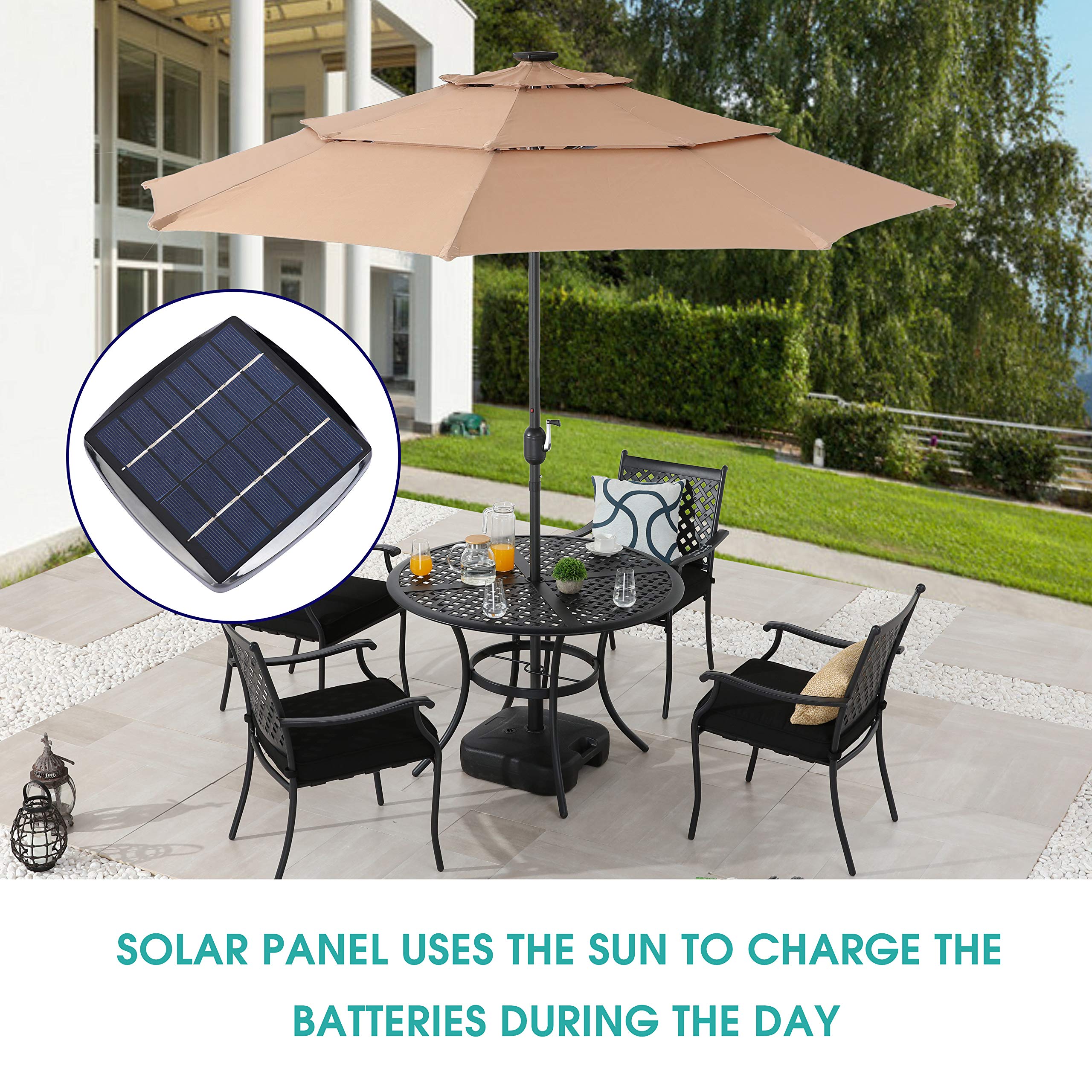 LOKATSE HOME 9.5 Foot Solar Powered LED Patio Umbrella with 3-Tier Design - Adjustable Tilt, 8 Aluminum Ribs, Crank Handle & Sturdy Metal Pole for Outdoor Garden, Deck, Poolside & Farmers Market (Khaki) | Perfect for Backyard BBQs, Beach Lounging & Outdoor Dining