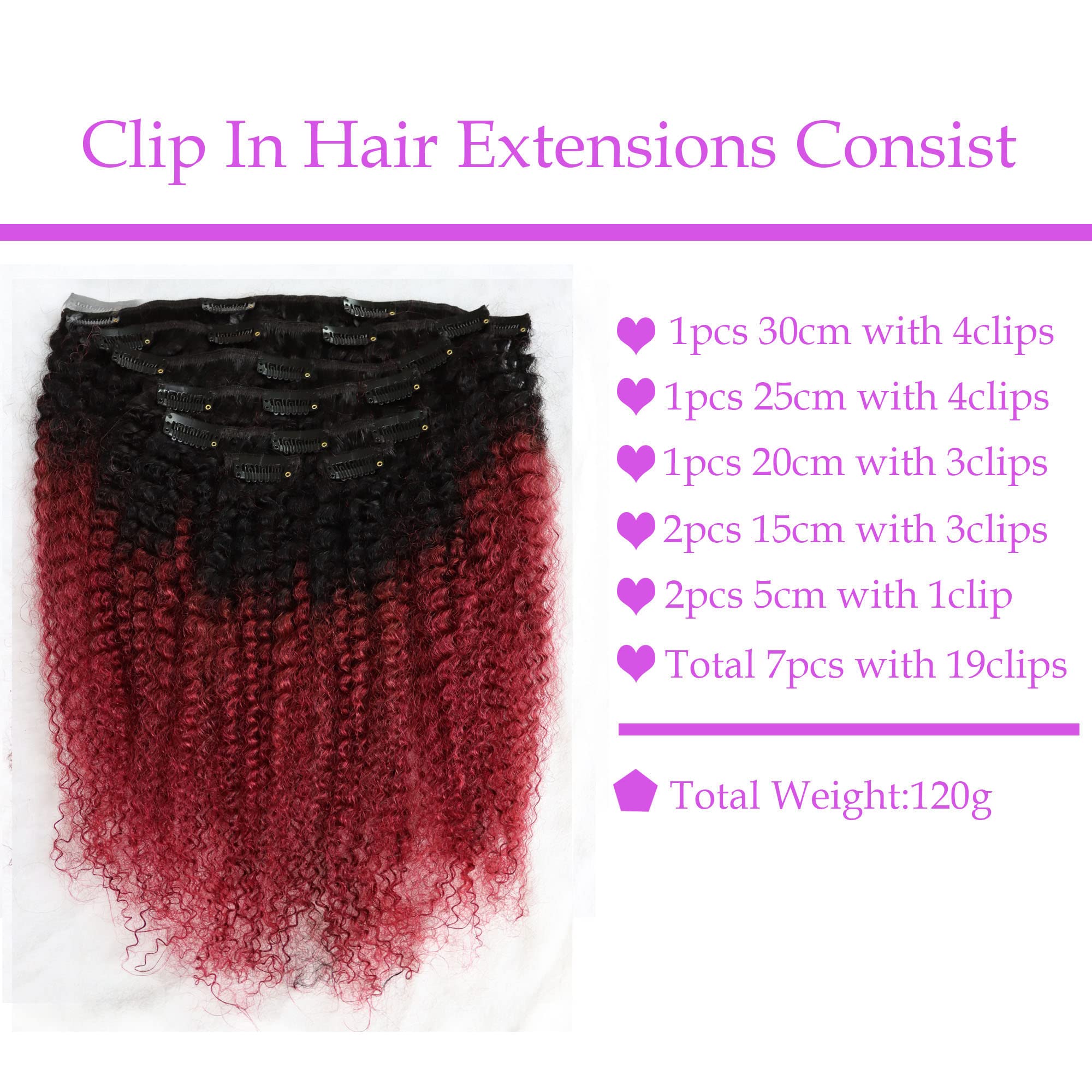 Virgin Human Hair Clip-In Extensions 4C Afro Kinky Curly/Straight 120g - Real Human Hair Weft for Black Women (1B/Burgundy) | Perfect for Protective Styles, Daily Wear & Special Occasions