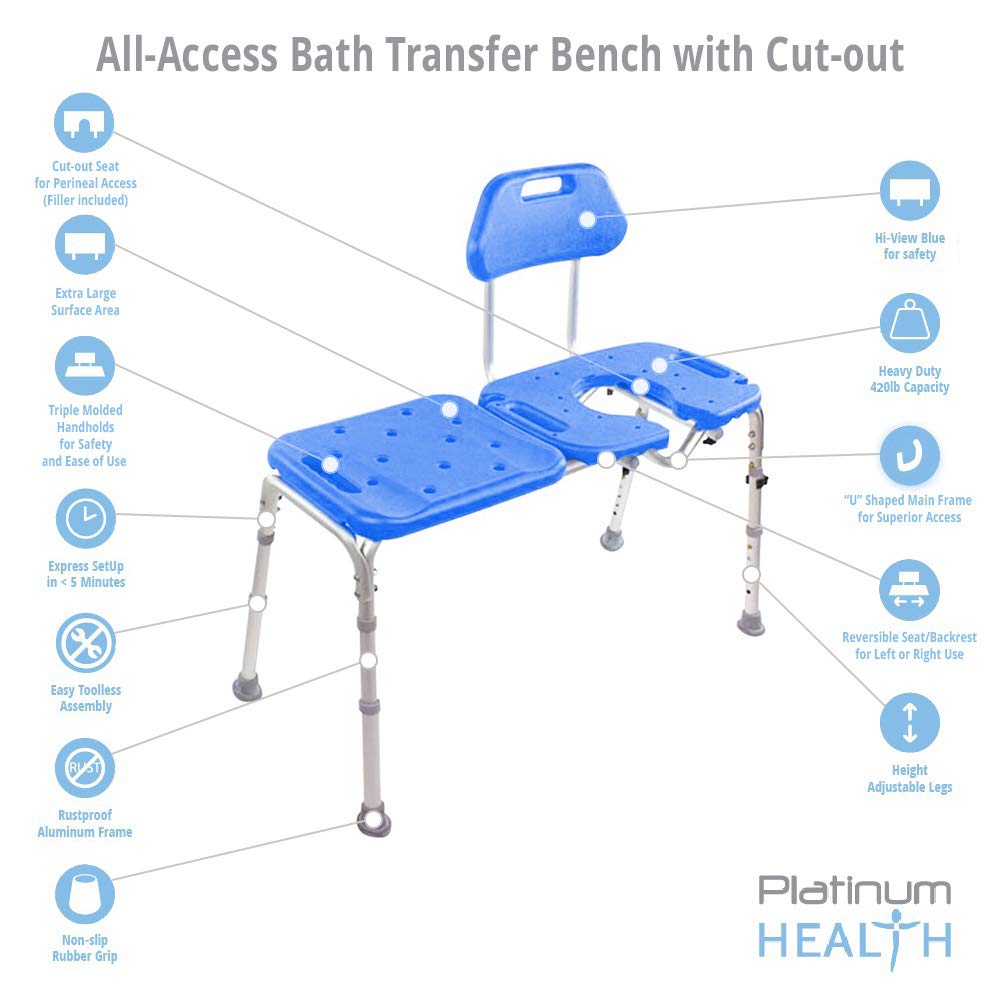 Platinum Health Bath Transfer Bench with Cutout Shower Seat - Adjustable Height Deluxe Shower Chair for Seniors & Elderly - All-Access Tub Transfer Seat with Removable Insert - Ideal for Safe Bathing & Showering Assistance (Blue)