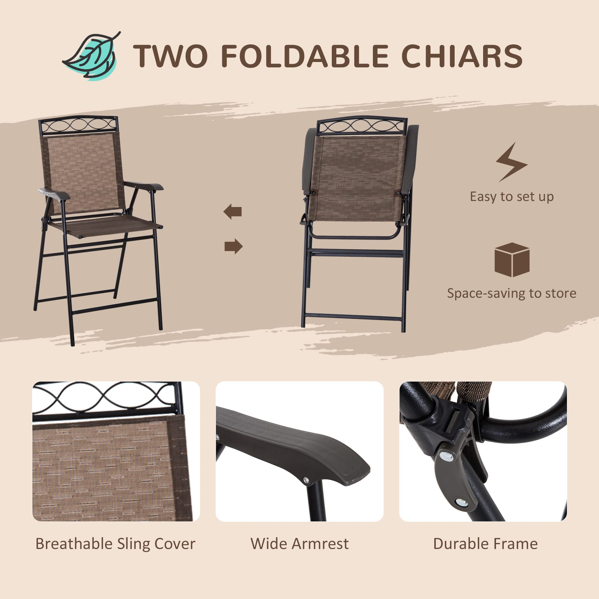 Outsunny 4-Piece Outdoor Patio Dining Set with 2 Folding Chairs, Adjustable Umbrella & Tempered Glass Table - Brown | Perfect for Backyard, Garden, Poolside & BBQ Gatherings