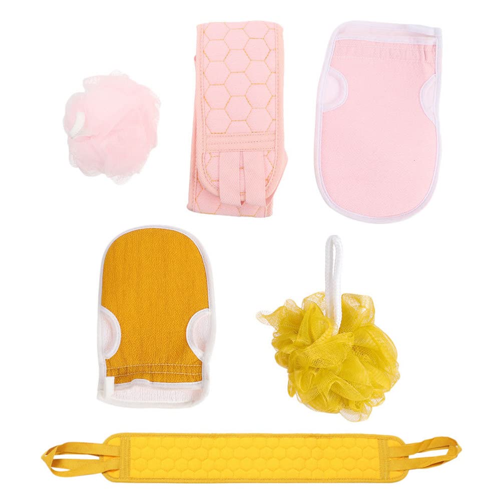 Lurrose 2-Pack Bath Towel Set with Exfoliating Loofah Scrubber, Mesh Pouf & Wash Gloves | Soft Body Scrubbers for Shower & Spa | Perfect for Exfoliating Back, Hands & Feet