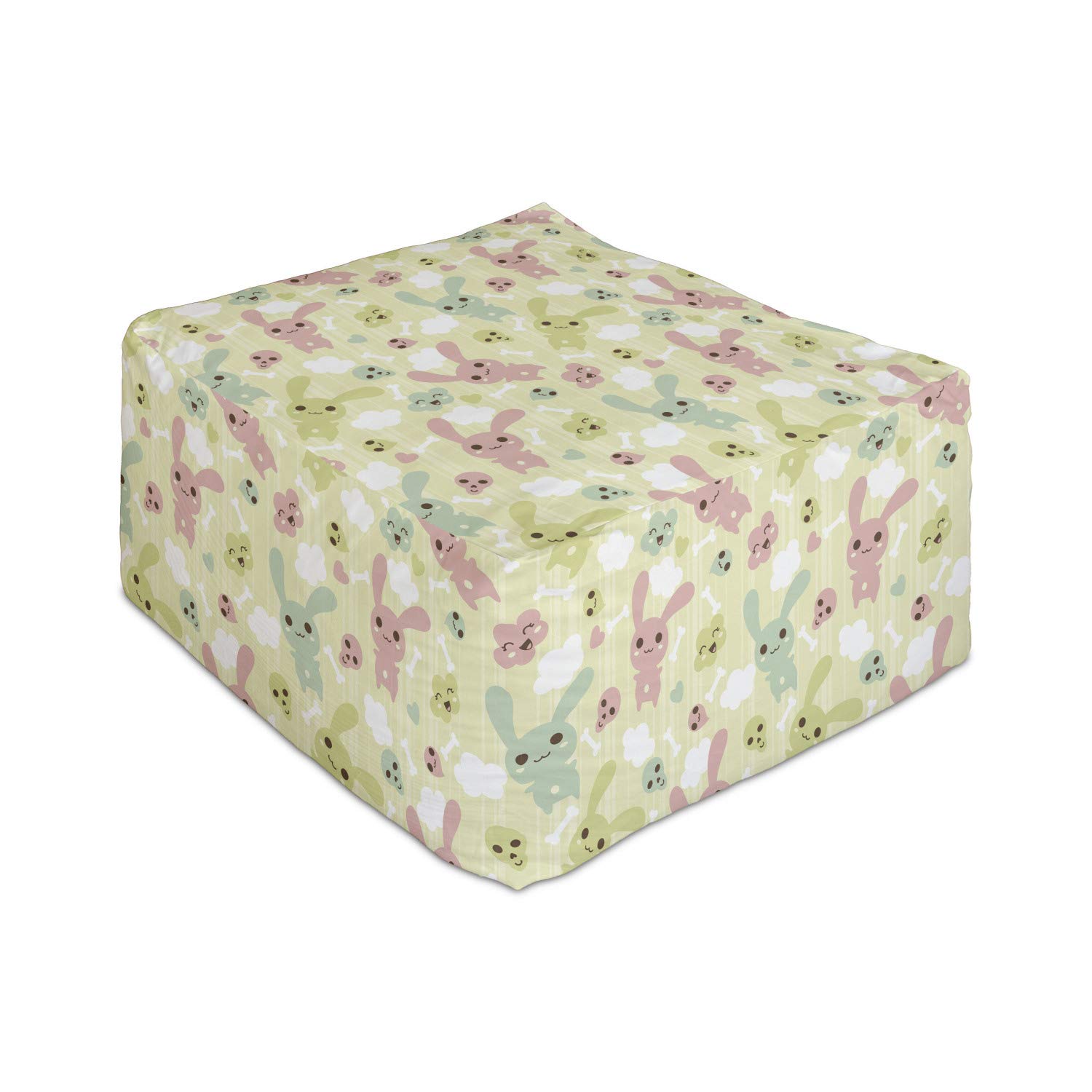 Ambesonne Anime Rectangle Pouf Ottoman - Funny Bunnies Clouds & Bones Kawaii Doodle Pattern Foot Stool with Removable Cover, 25