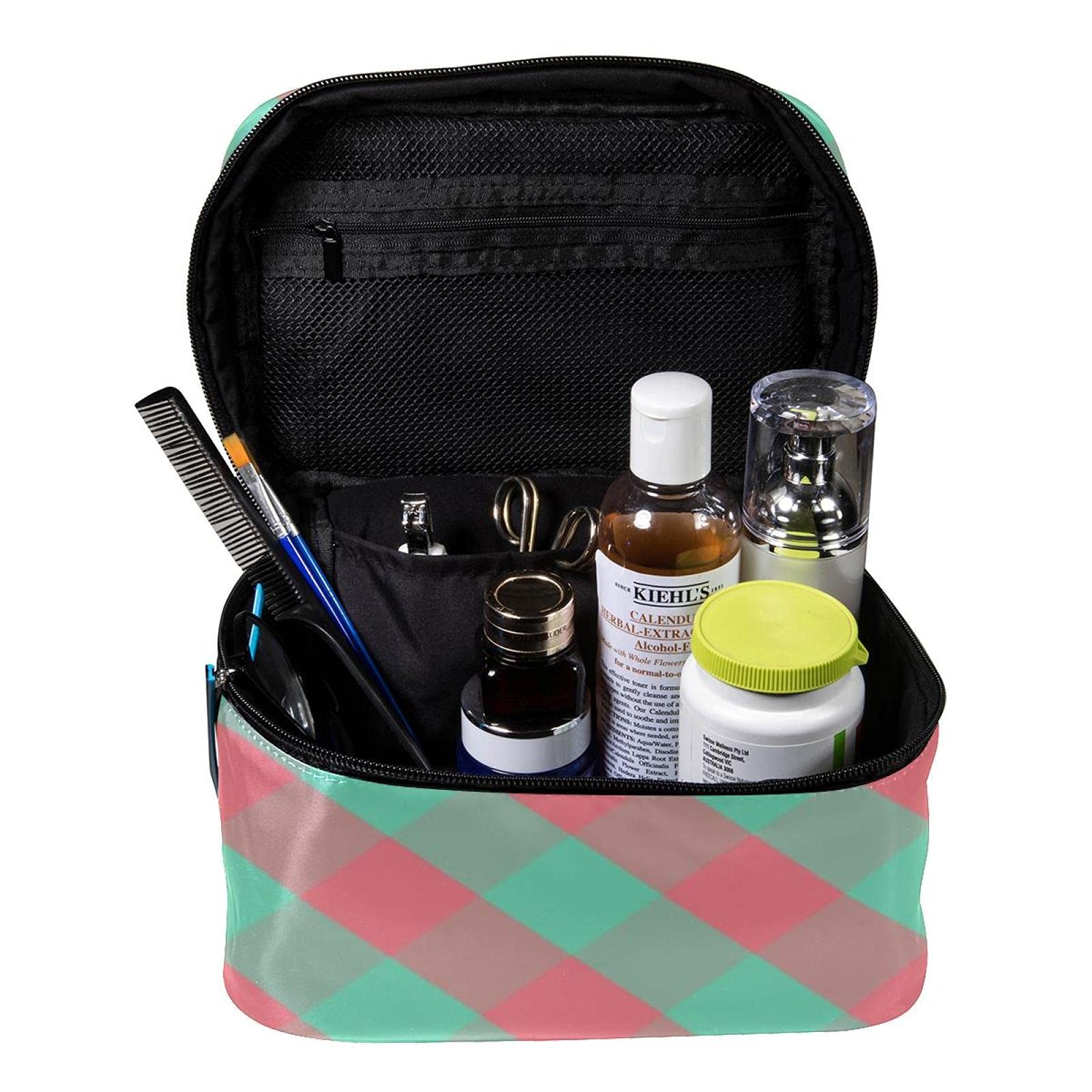 Stylish Pink and Green Plaid Checked Large Travel Makeup Bag - Waterproof Cosmetic Organizer with Zipper for Women & Girls - Perfect for Vacation, Gym, and Daily Essentials Storage