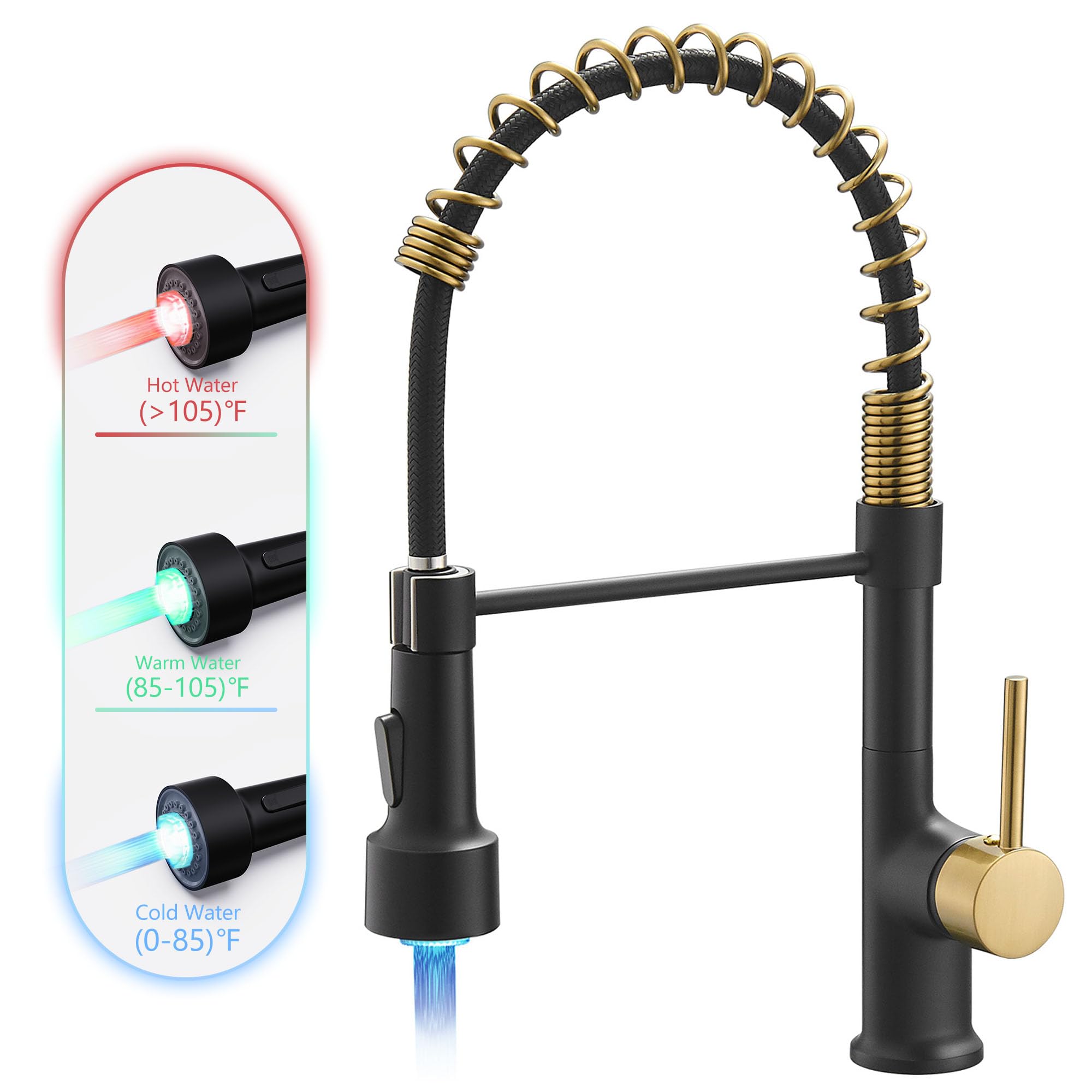 GIMILI Black and Gold Kitchen Faucet with Pull Down Sprayer - LED Light Modern Sink Faucet for Home, Restaurant & Commercial Use