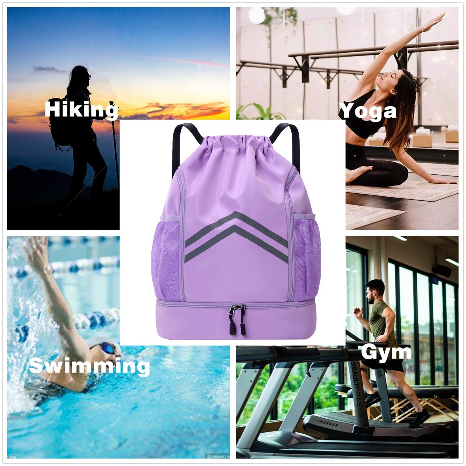 Waterproof Sports Drawstring Backpack with Shoe Compartment & Water Bottle Pockets - Lightweight Gym Bag for Men & Women - Perfect for Swimming, Beach, Travel & Workout - Purple