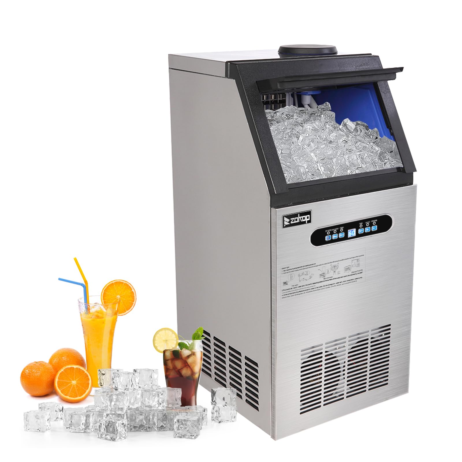 Winado 110LBS/24H Commercial Ice Maker Machine - Stainless Steel Freestanding Ice Maker with 24LBS Storage Bin & Auto Clean Function - Perfect for Home Kitchen, Restaurant, Bar, Hotel, Coffee Shop, and Store Use