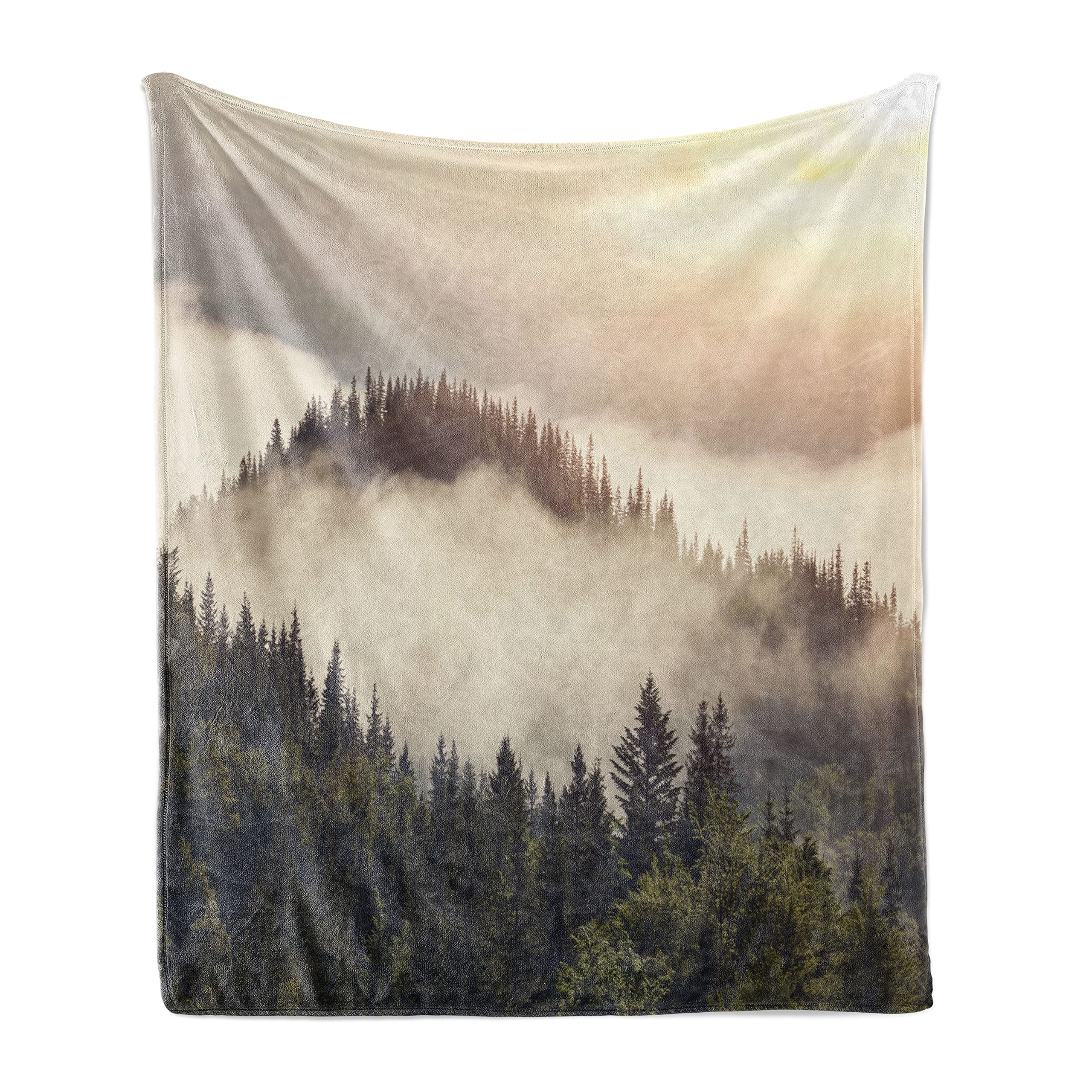 Misty Mountains Soft Flannel Fleece Throw Blanket - Foggy Dawn Valley Forest Design, Cozy Plush for Indoor & Outdoor Use, 50x60 Inches, Evergreen Eggshell - Perfect for Sofa, Bed, Camping & Picnics
