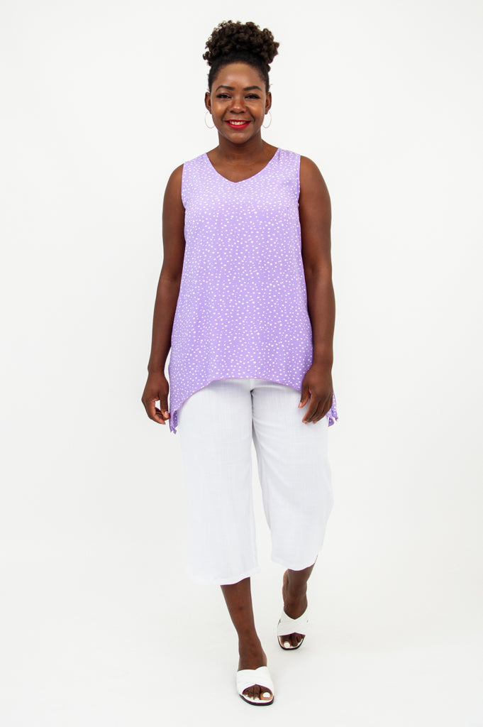 Dotty Tank Top - Purple Polka Dot Women's Casual Shirt for Summer Outfits & Beach Wear