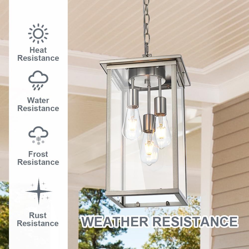 3-Lights Outdoor Pendant Light - Modern Brushed Nickel Chandelier with Clear Glass Shades - Adjustable Ceiling Mount Porch Lighting for Entryway, Patio, Deck & Garden - Weather-Resistant Exterior Hanging Light Fixture
