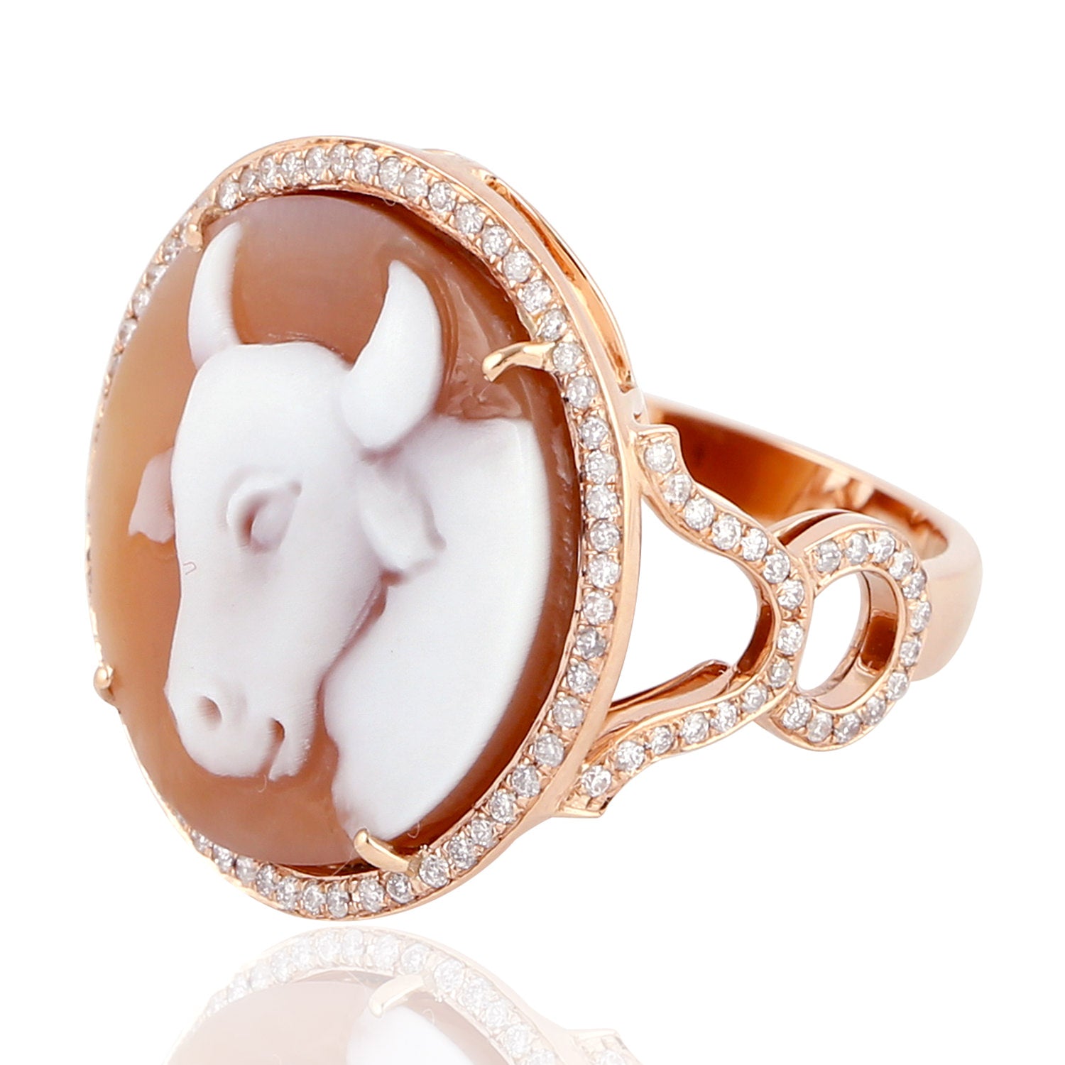 18k Rose Gold Engraved Cow Shell Cameo Pave Diamond Cocktail Ring - Elegant Vintage Jewelry for Weddings, Parties & Special Occasions