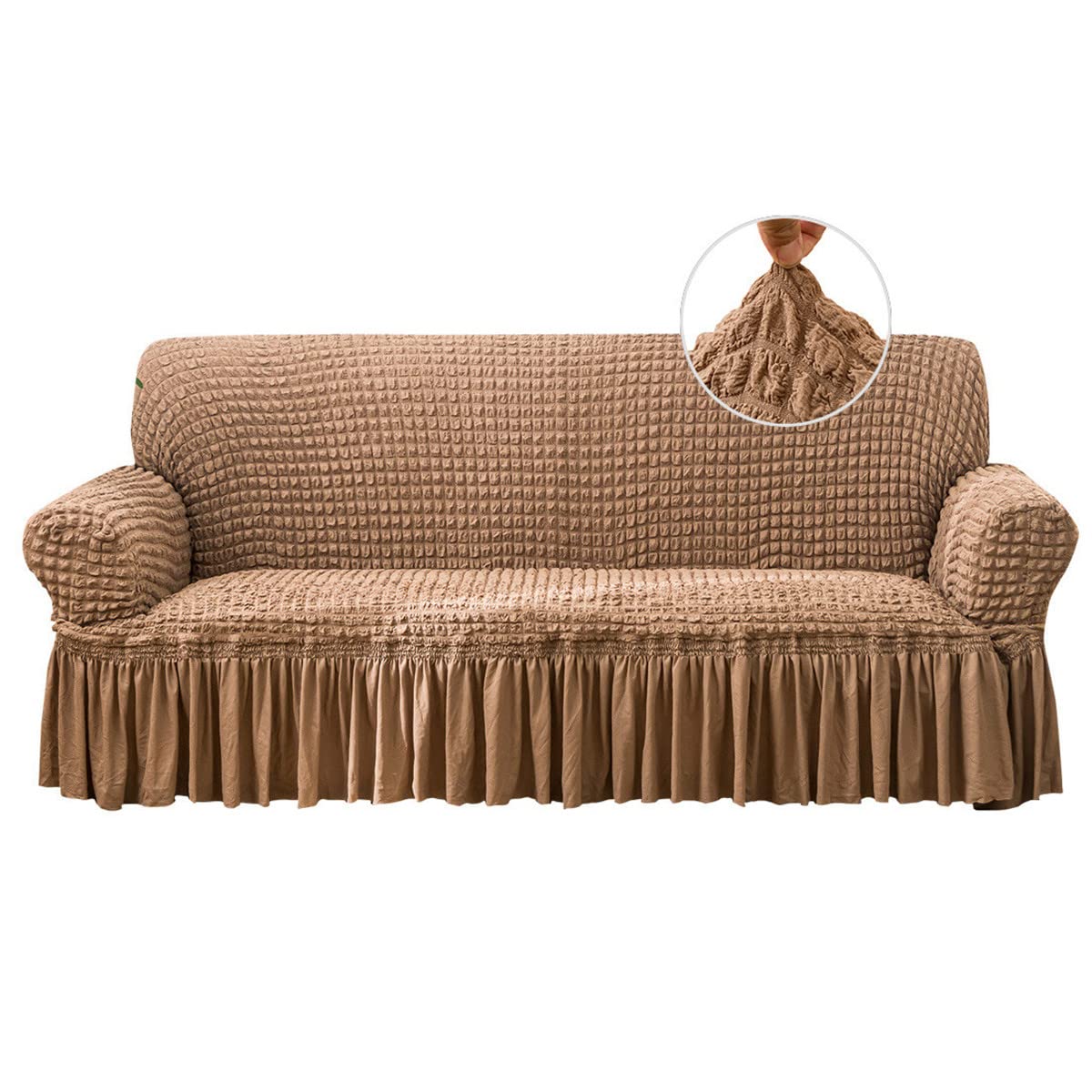 Qubjus Stretch Sofa Slipcover - Washable Couch Cover for Sofa & Bed - Elastic Bottom & Skirt Furniture Protector (Brown, XL) - Perfect for Living Room, Family Room & Guest House Decor