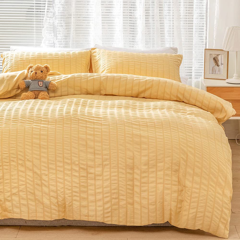 Boho Stripe Textured Duvet Cover Set King Size - Ultra Soft Farmhouse Comforter Cover with Zipper & 2 Pillowcases - Yellow Bohemian Bedding for Cozy Bedroom Decor