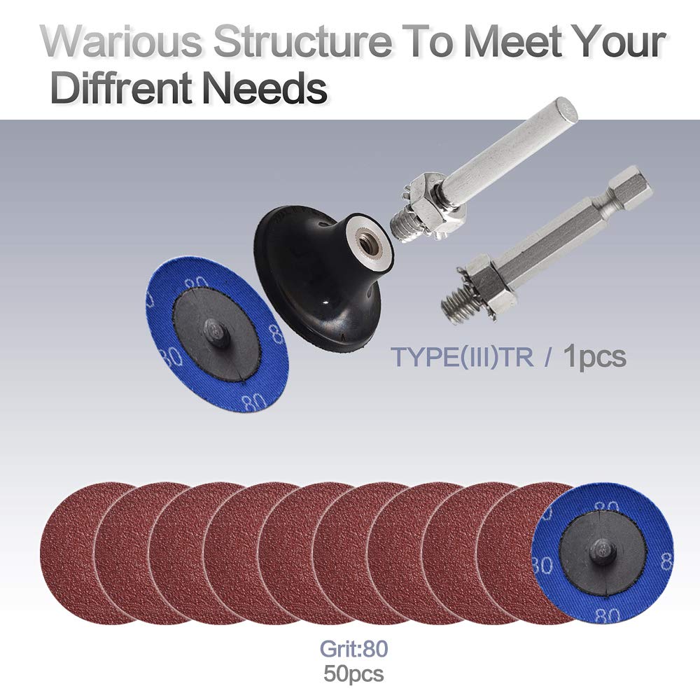 50Pcs P80 2-Inch Roll Lock Quick Change Sanding Discs Set with 1/4