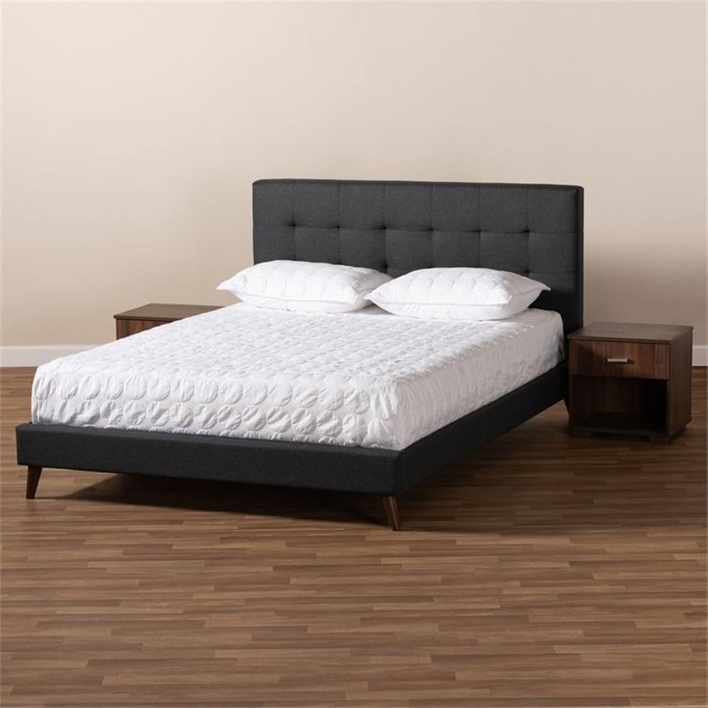 Baxton Studio Maren Queen Size Dark Grey Upholstered Platform Bed Frame with 2 Nightstands - Modern Bedroom Set for Small Spaces & Guest Rooms