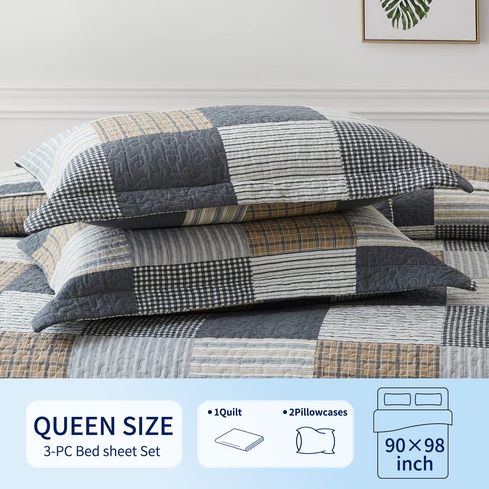 KALOOLA Twin Size Quilt Set - 100% Cotton Farmhouse Plaid Bedspread | Reversible Lightweight Grey & White College Bedding (2-Piece) for Dorm Rooms, Guest Bedrooms & Cozy Farmhouse Decor