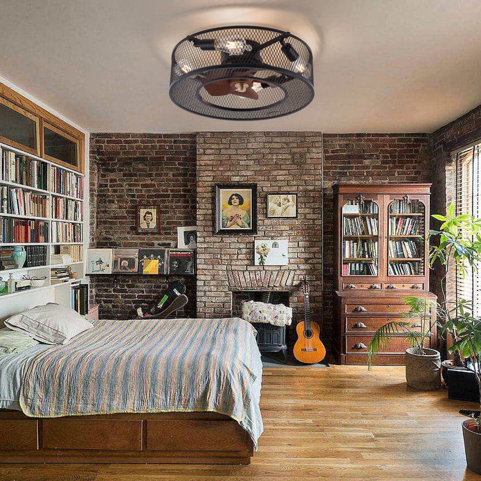 OUKANING Low Profile Ceiling Fan with Light - 3 Speed Adjustable, Remote Control, Enclosed Industrial Design for Living Room, Bedroom, Kitchen - Perfect for Modern Homes and Small Spaces (Black)