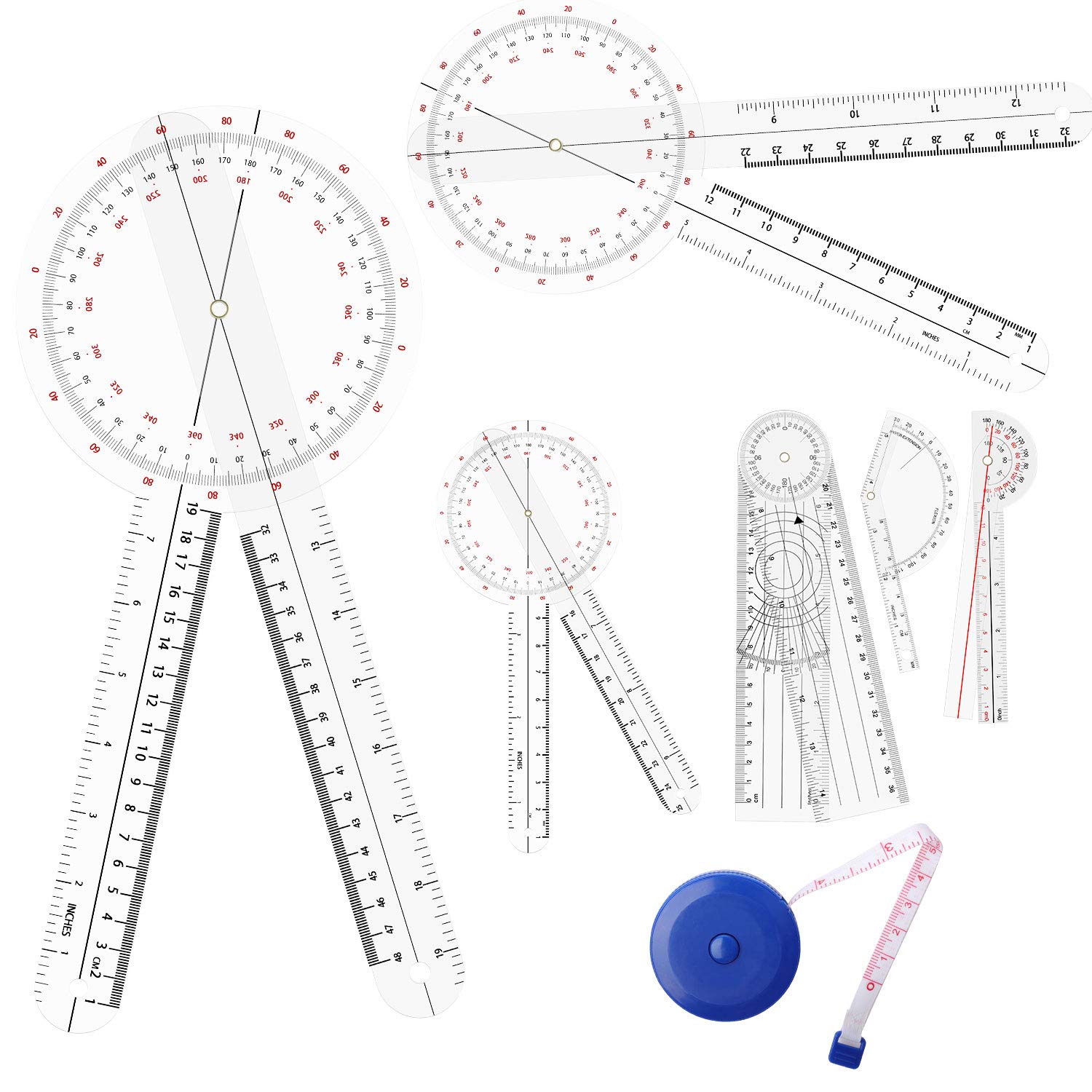 OIIKI 7PCS Goniometer Set - 6/8/12inch Angle Measurement Tool, 8inch Spinal Goniometer, 6inch 180 Degree Protractor, Finger Joint Goniometer & Measuring Tape for Physical Therapy, Occupational Therapy, and Medical Training